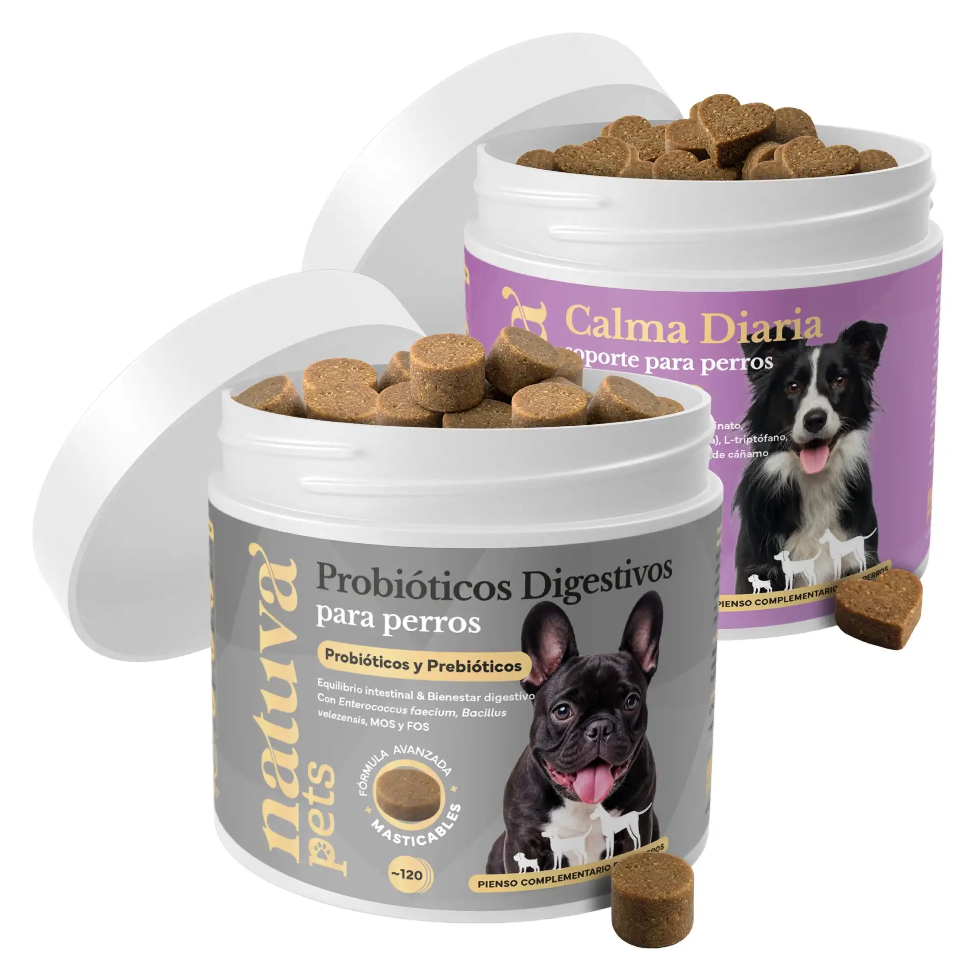 Probióticos y Calma para Perros - Pack Tripa en Calma Natuva Pets (240 Masticables) - Digestión y Bienestar Emocional - Flora Intestinal, Estrés y Ansiedad - Con Prebióticos y L-Triptófano
