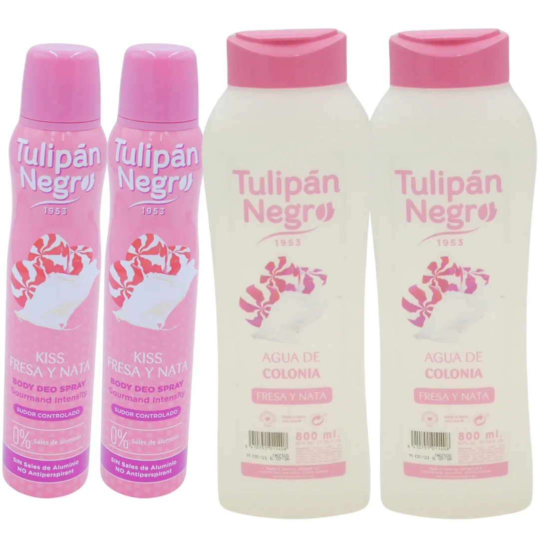 Tulipan Negro Pack Kiss Fresa y Nata – Desodorante 200ml + Agua de Colonia 800ml Dúo de Fragancias Dulces con Notas de Pastelería, Frutos Rojos y Dulzura. Cuida tu Piel con el Aroma Irresistible de Fresa y Nata.