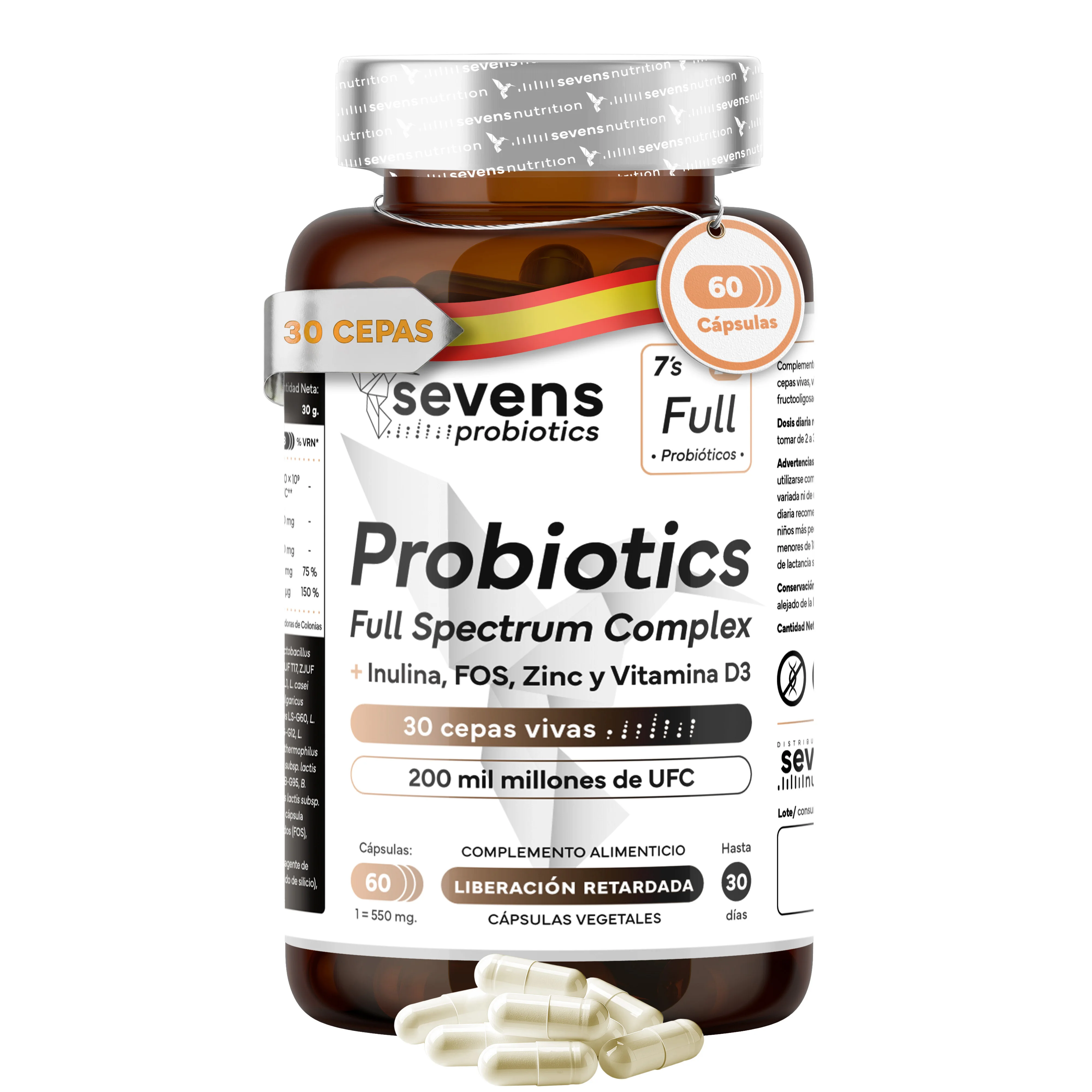 Probióticos y prebióticos 30 Cepas – 60 Cápsulas – Con Inulina, Zinc y Vitamina D – Sevens Nutrition