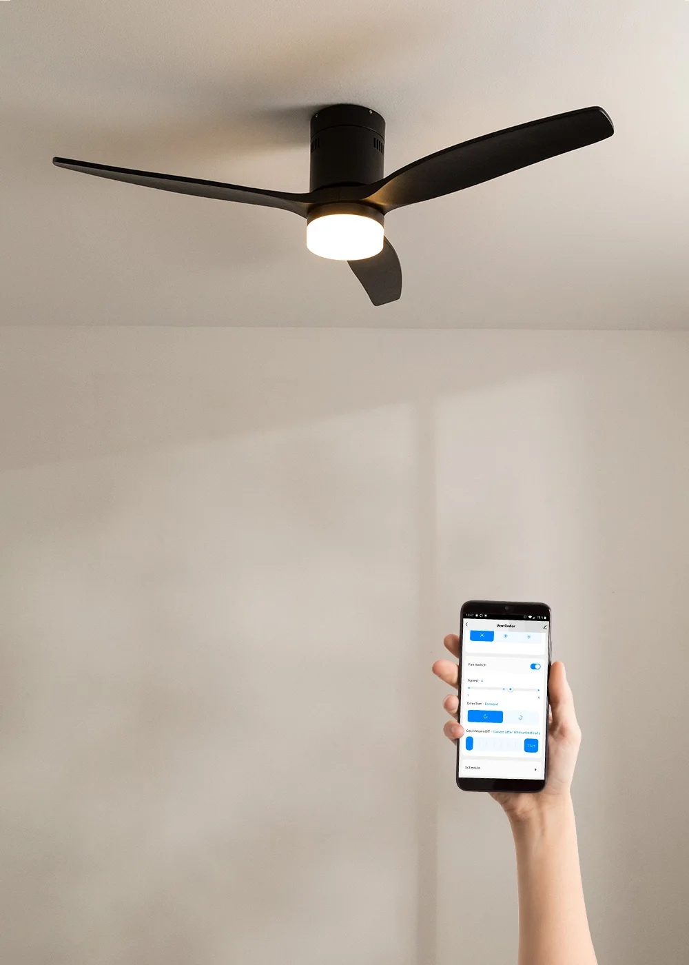 Create - 40W Silent Ceiling Fan Ø132 cm - 6 Speeds, Summer/Winter Function - Black Motor - Wind Calm