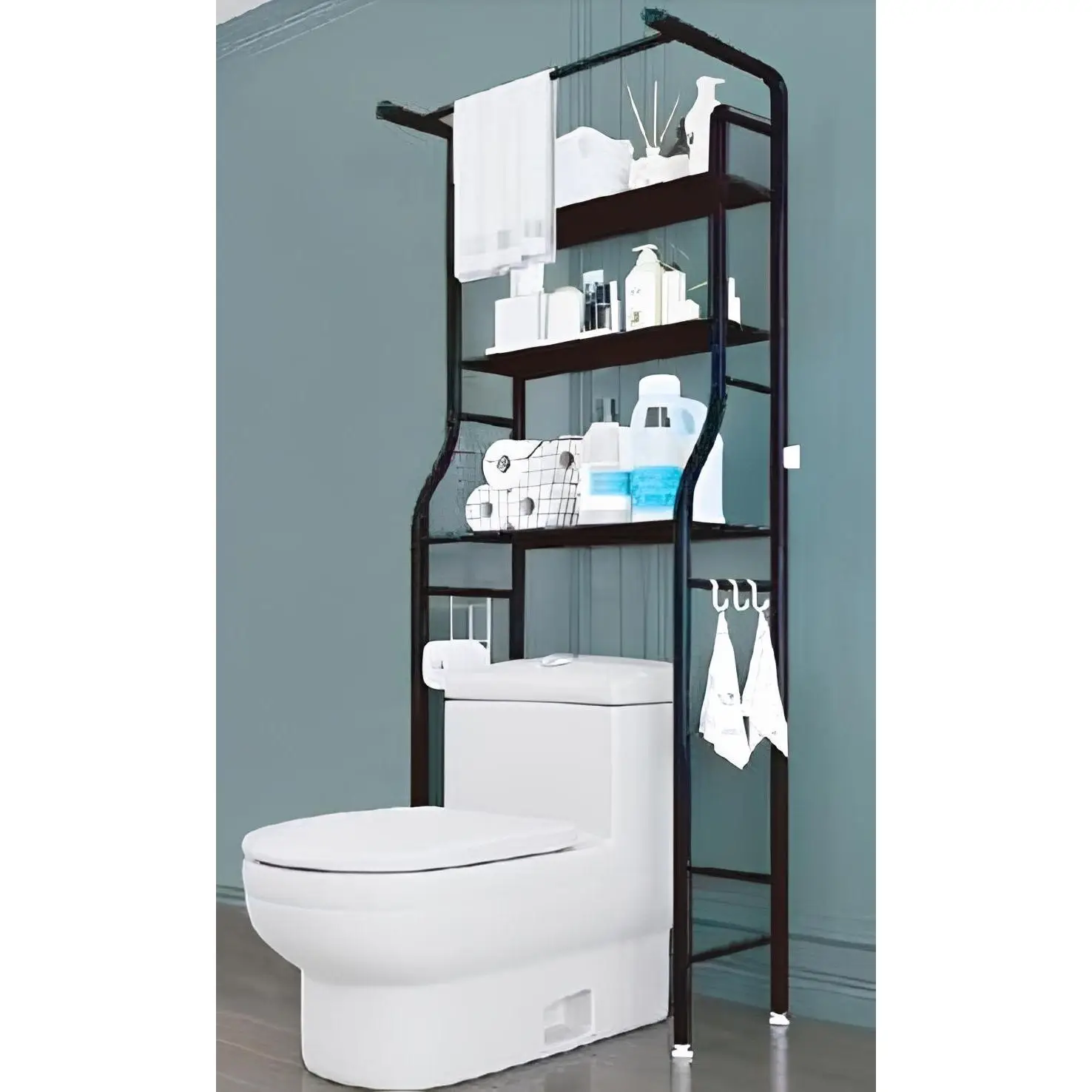 Estantería Baño, Estanteria Metal sobre Inodoro o Lavadora 3 Baldas con Ganchos para Colgar, Ahorra Espacio, Blanco Negro