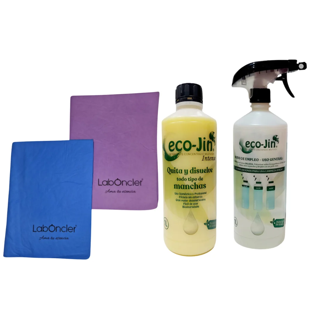 Ecojin + Diffuser + 2 Vpa Splass Clothes. Your Eco Jin with the Best Splas Vpa Cloths from Laboncler. The Best Cloths on the Market. Multipurpose Cleaner, Degreaser, Stain Remover. For All Surfaces. Cleaner with Ecojin