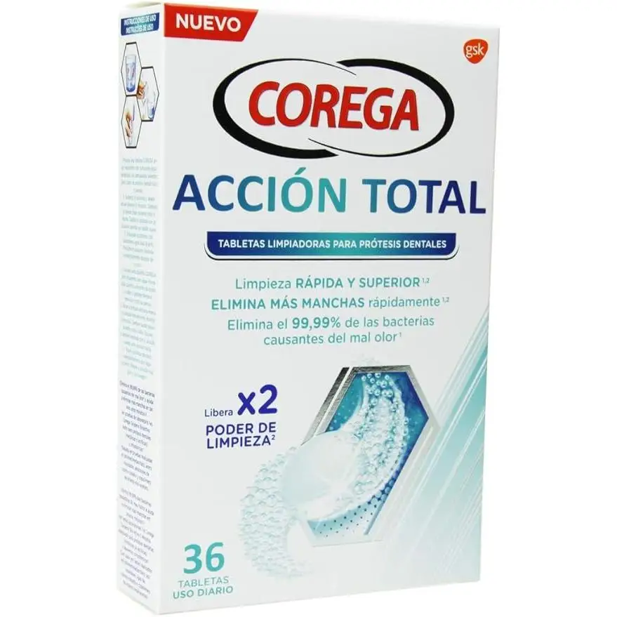 Corega Acción Total Tabletas Limpiadoras para Prótesis Dentales, Férulas y Ortodoncia, 36 Unidades, Elimina el 99,99 % de las Bacterias Causantes del Mal Olor