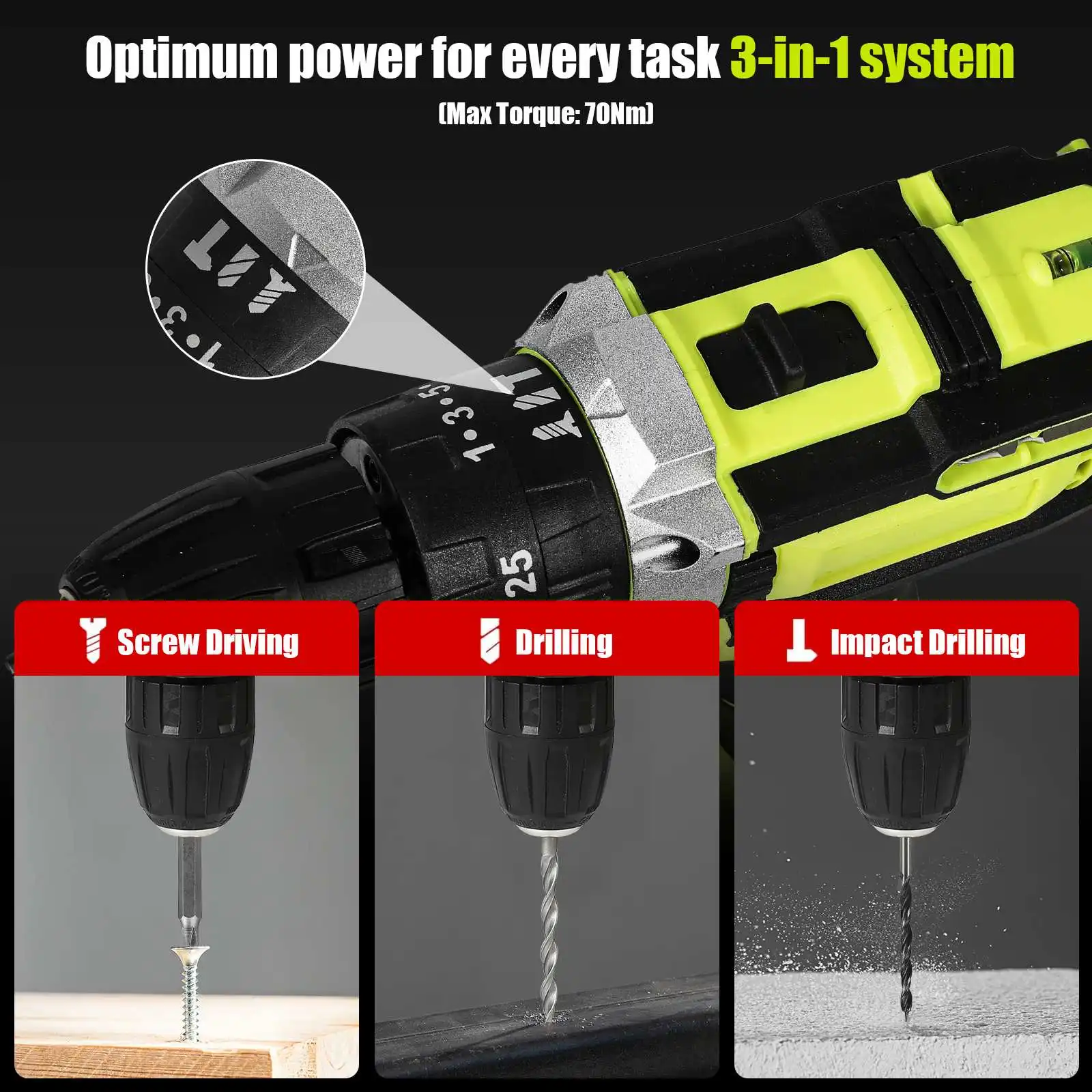28V 3 in 1 Cordless Electric Drill Impact Screwdriver 25+3Torque Compact Hand Drill Rechargeable Battery Power Tool