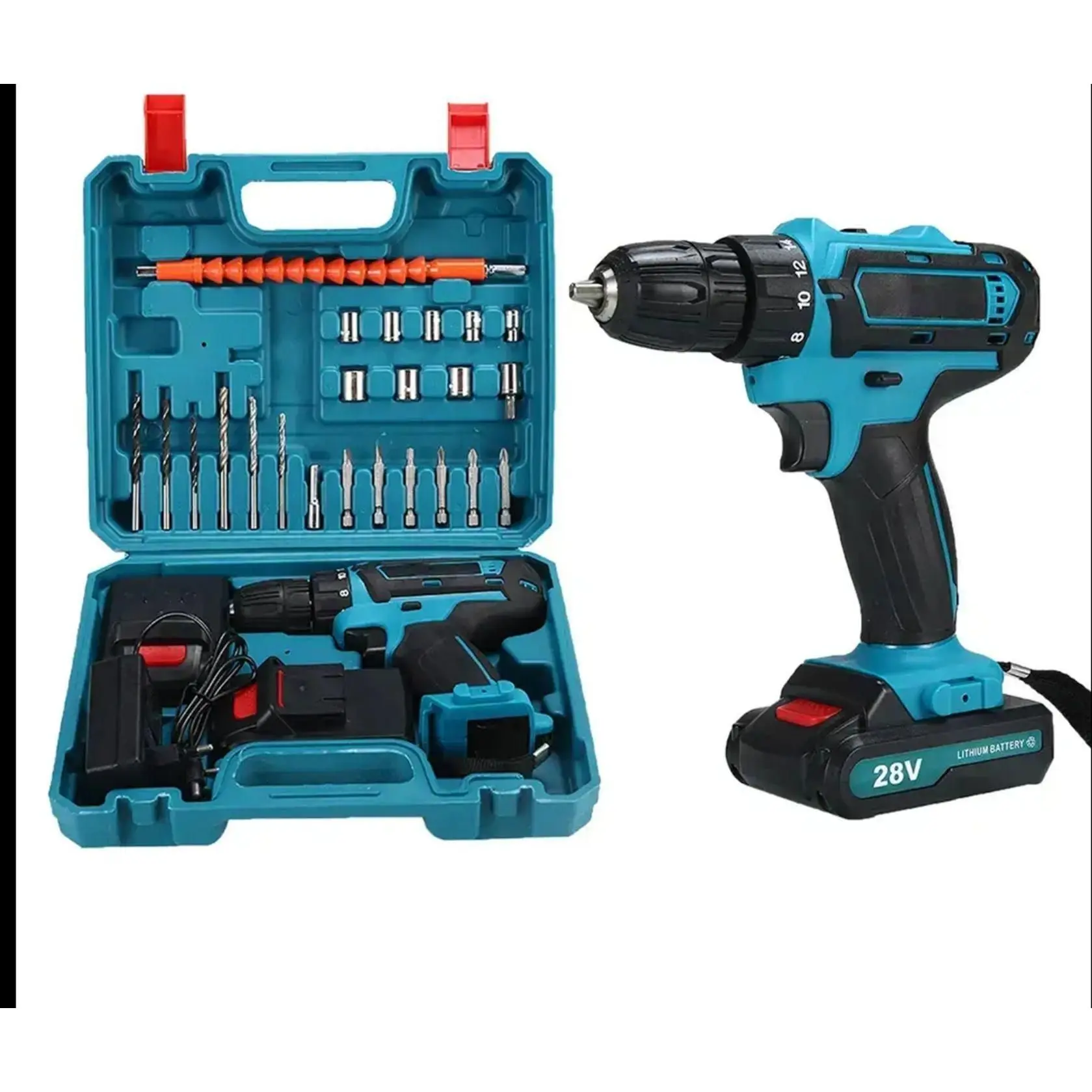 Taladro inalámbrico 2140rpm, 2 baterías 28V, torque 55Nm, 2 velocidades, portabrocas 10mm, potente, LoLek