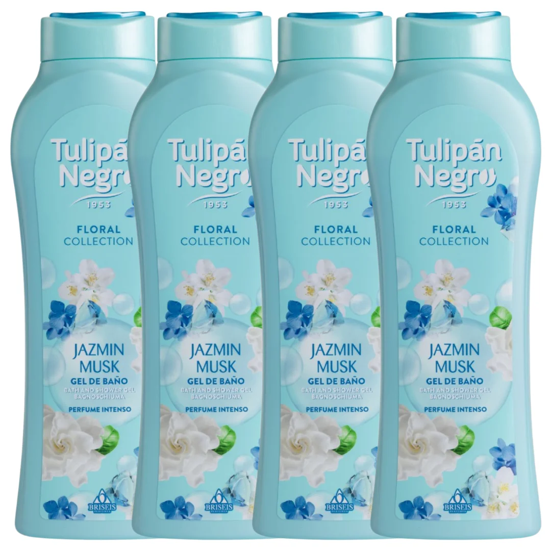 Pack de 4 geles de ducha tulipán negro - gel de baño almizcle jazmín tulipán negro 650 ml - fragancia sofisticada y duradera, limpieza e hidratación suave para el cuidado diario, aroma floral con nota