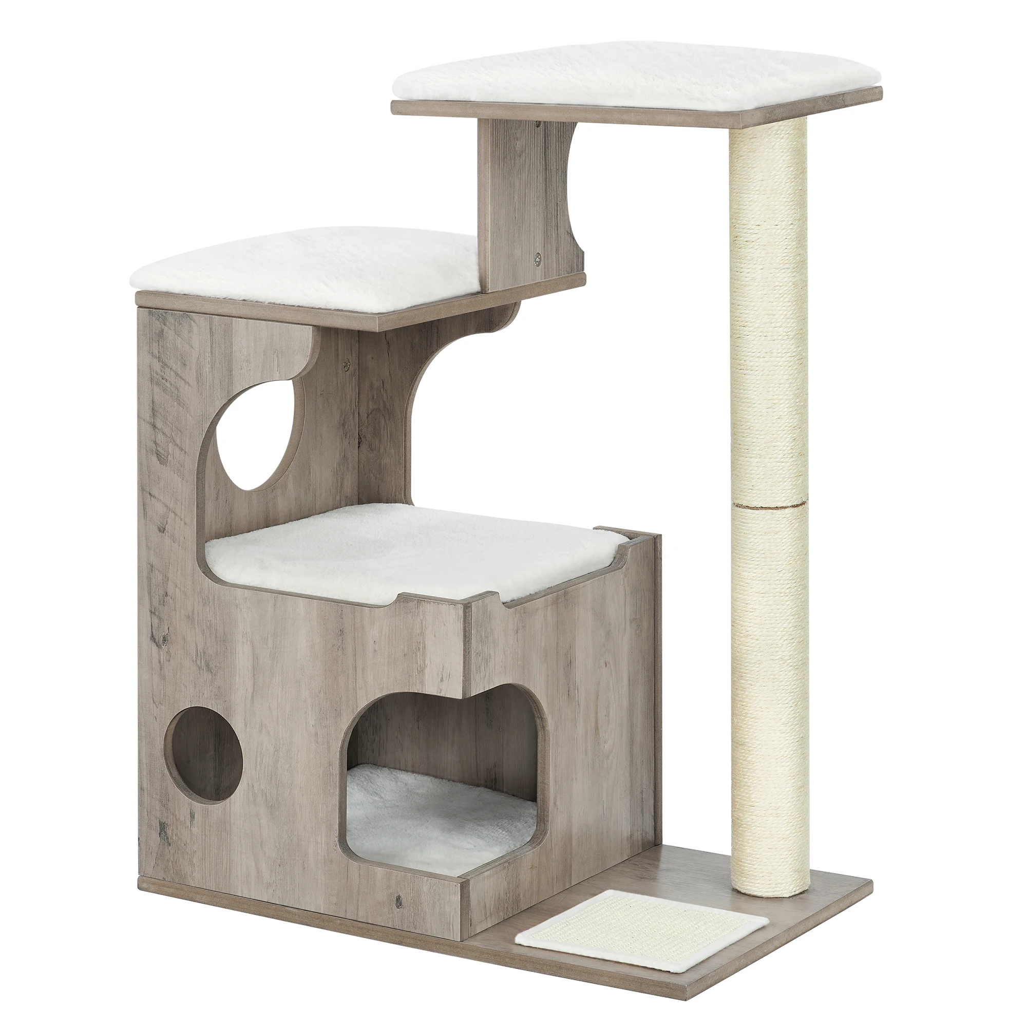 Feandrea Árbol de Gatos, Tablero de aglomerado de 86 cm de Altura, con Poste de Sisal, Plataforma, Cubierta de Piel Sintética Lavable, Greige y Blanco /Marrón Rústico/Gris Niebla/Blanco Nube