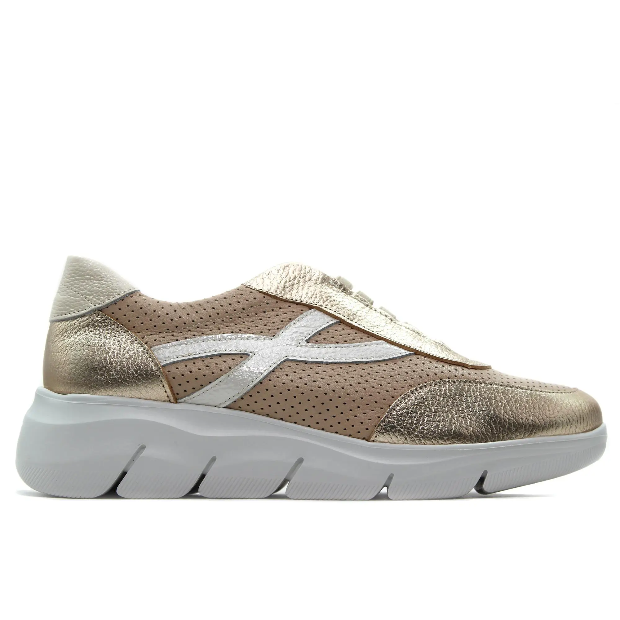 24 Hrs 26460 Zapatos sneakers de piel,cordón elástico,cuña,suela blanca de goma,rejilla,deportivo calado,brillo, para señora