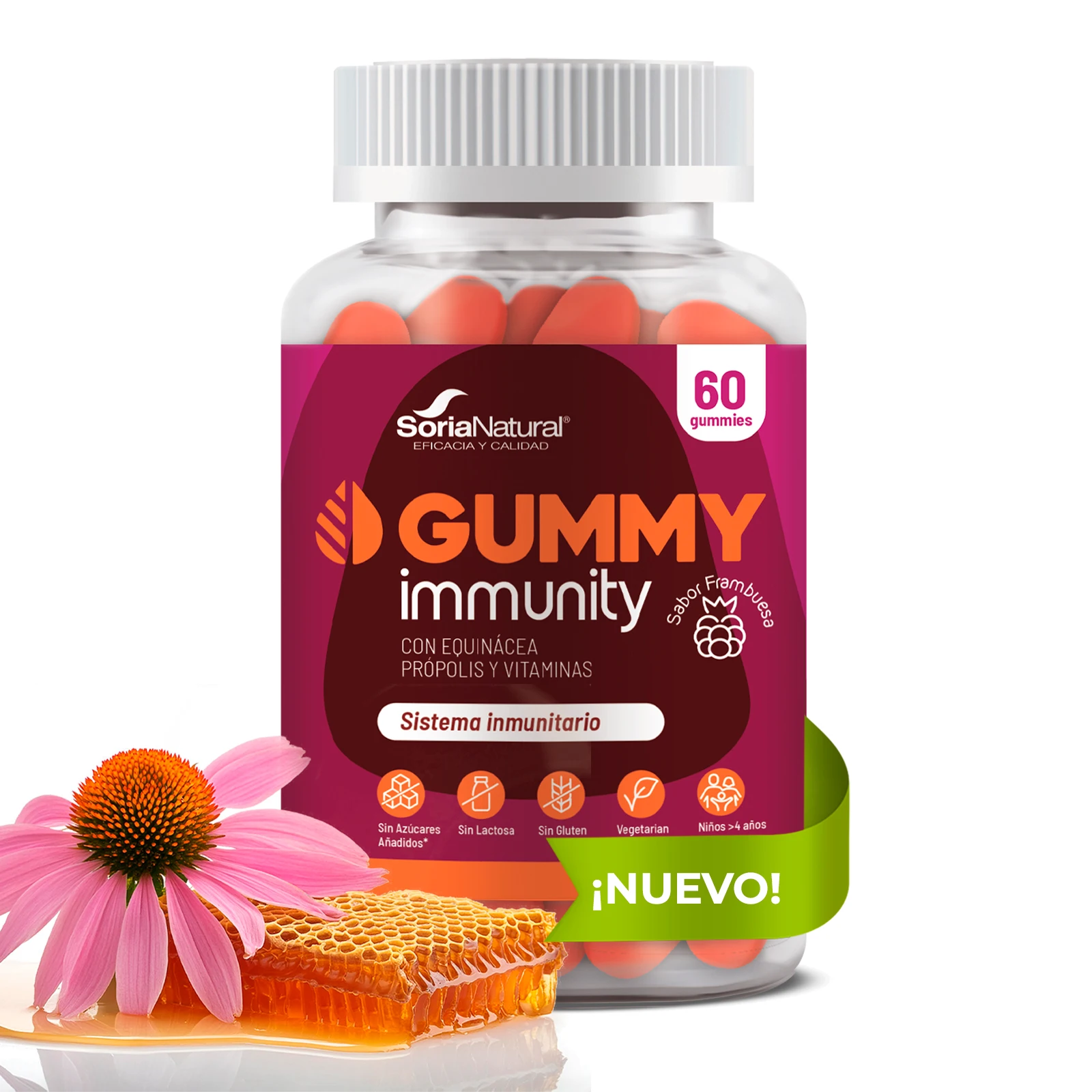 Gominolas Immunity - Niños y Adultos – Con Equinácea, Propolis,Vitaminas D, C, B6 y Zinc – Ayuda a Fortalecer el Sistema Inmune – Apoyo a las Defensas - 60 Gominolas - Soria Natural