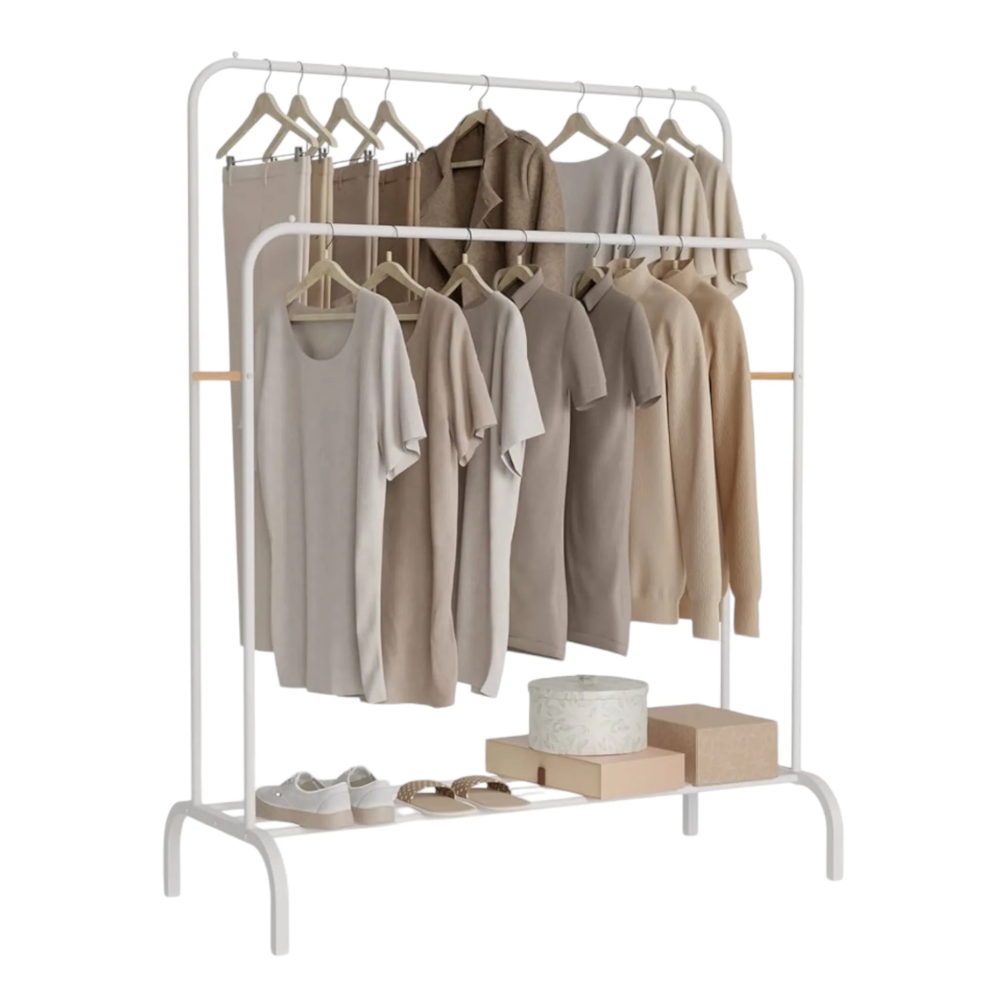 Perchero estanteria para Ropa Resistente con Ruedas, Perchero Portátil De Metal con Doble Riel Y Estante De Almacenamiento De 2 Capas, Percha Independiente para Dormitorio, Sostiene 40 Kg （ROPA-002
