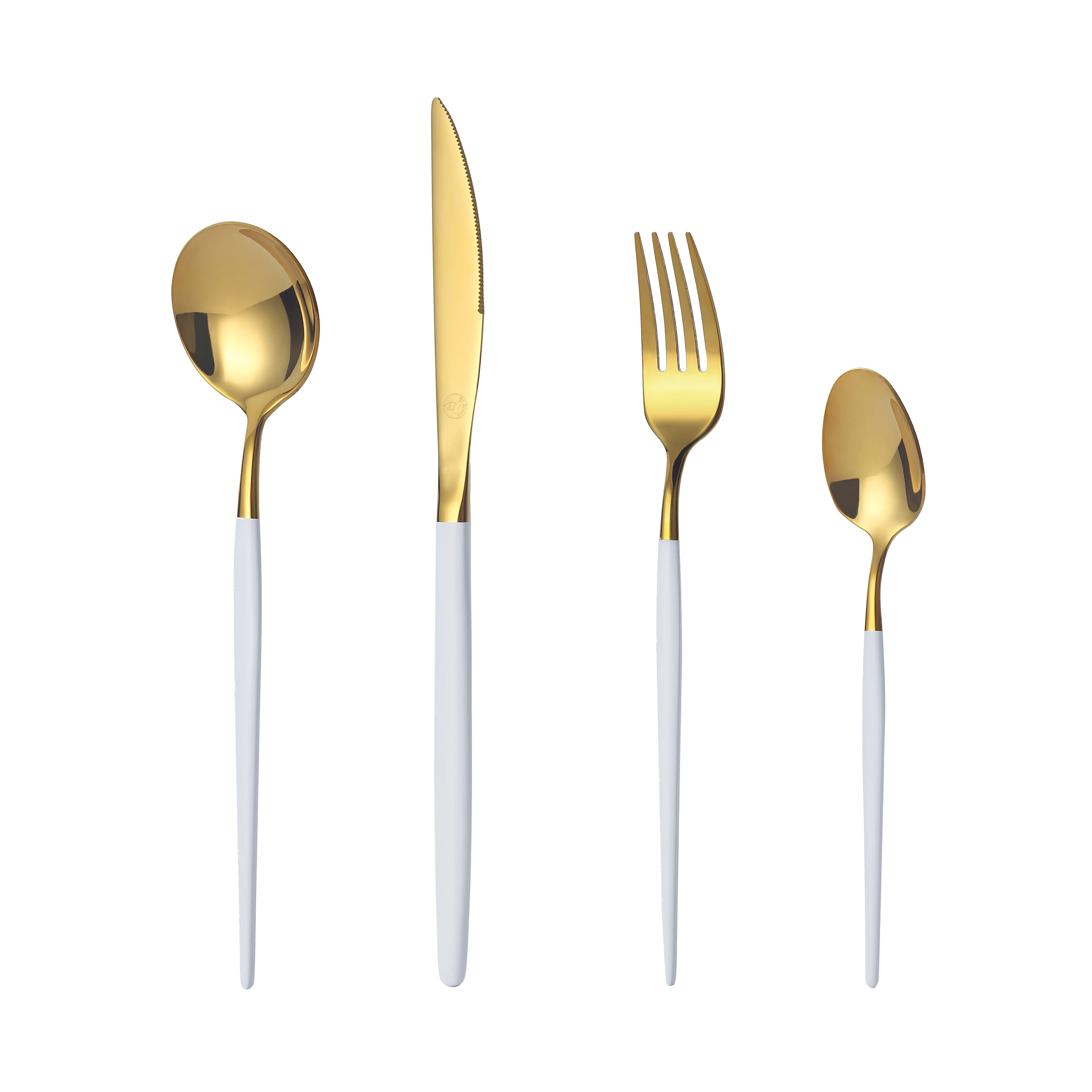 Mr.Spoon Juego 24 piezas cubiertos, Acero inoxidable 18/0, Color Dorado, Mango Blanco, Incluye cuchillo,tenedor,cuchara,cucharilla, Cubertería,Servicio para 6 Personas, Apto para lavavajillas. Ideas