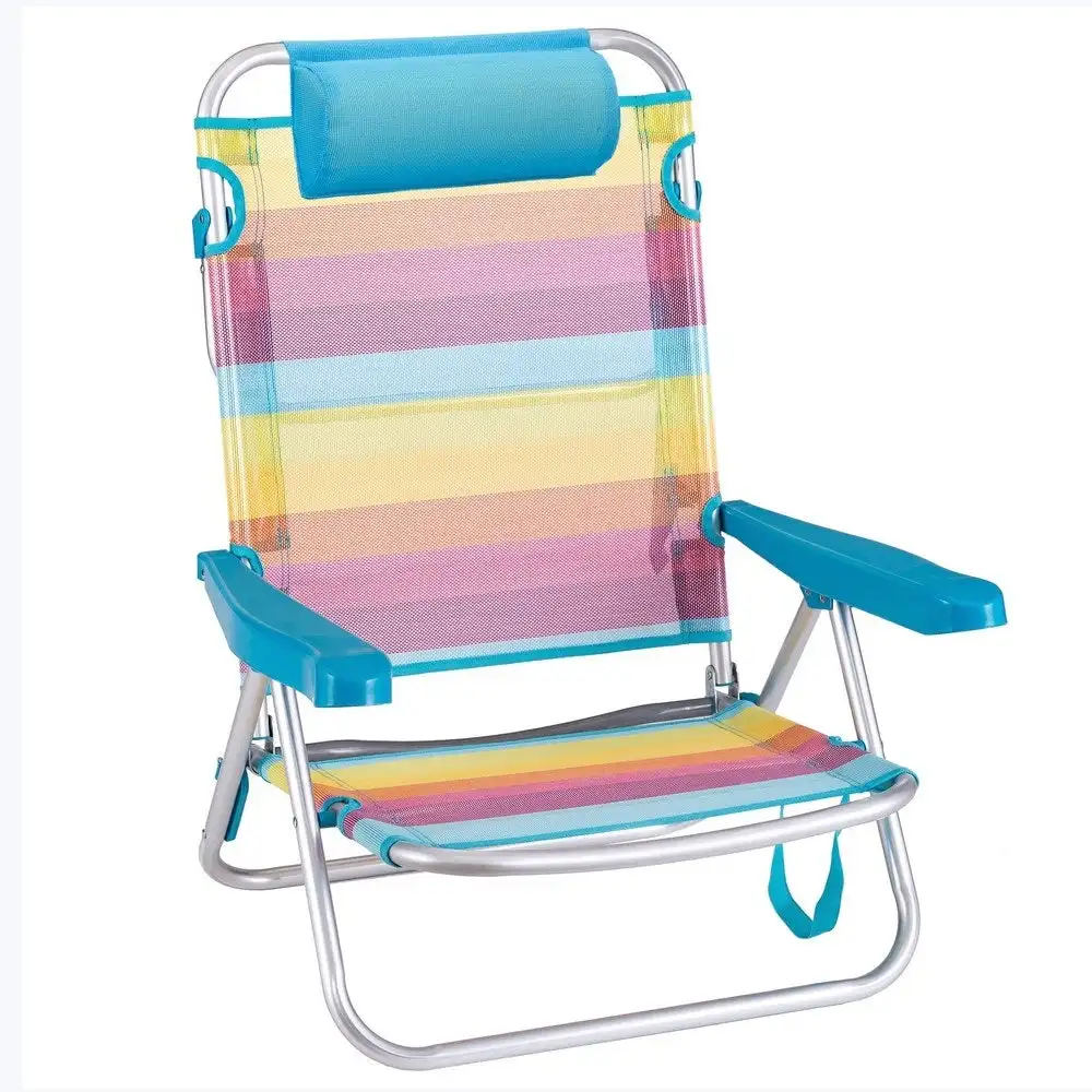Silla de playa plegable Rainbow reclinable de 4 posiciones con cojín y asa de mano para fácil transporte de aluminio y textileno de rayas multicolor LOLAhome