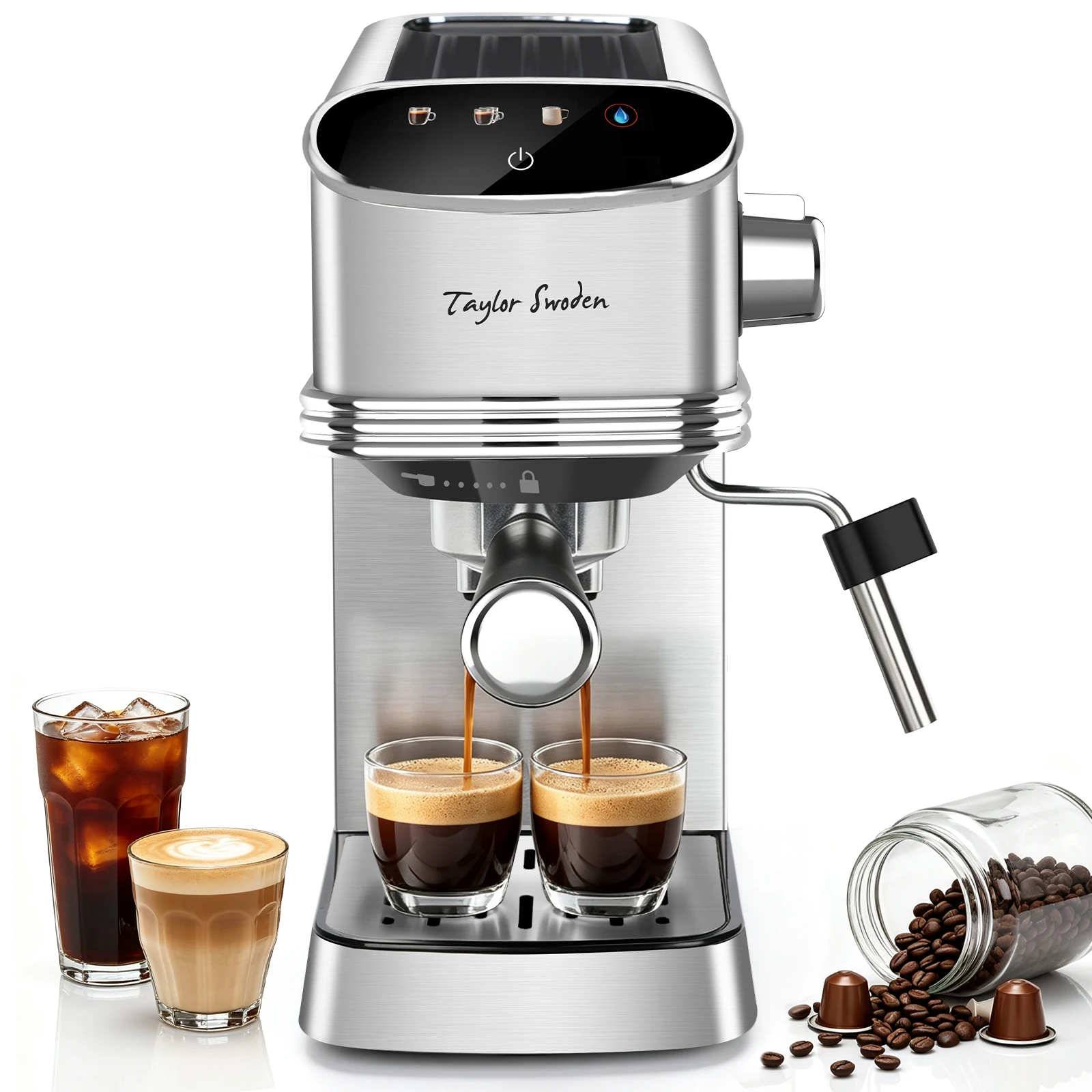 Taylor Swoden Cafetera Espresso 20 Bares, 1450w para Café y Cápsulas, Inox | Función Memoria, LED Touch Pantalla, Agua Caliente, Autolimpieza y Diseño Compacto, Depósito de 1.3 L, Cafetera Capsulas