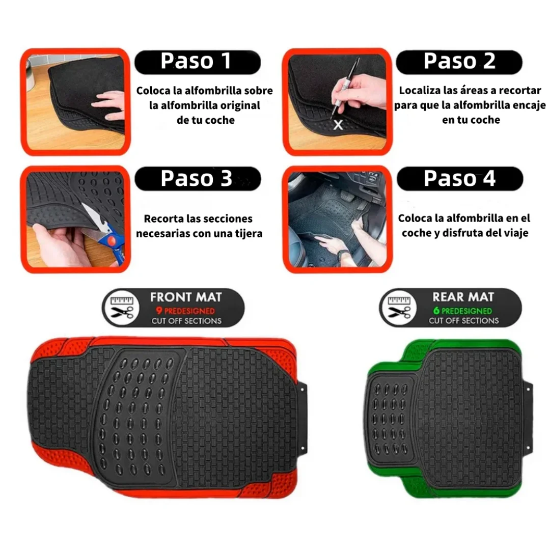 Complete Set of 4 Non-Slip Rubber Car Mats, Universal and Trim-to-Fit for Front and Rear, Black Color, Easy to Clean and Water Resistant, Offering Full Protection for Vehicle Floor.