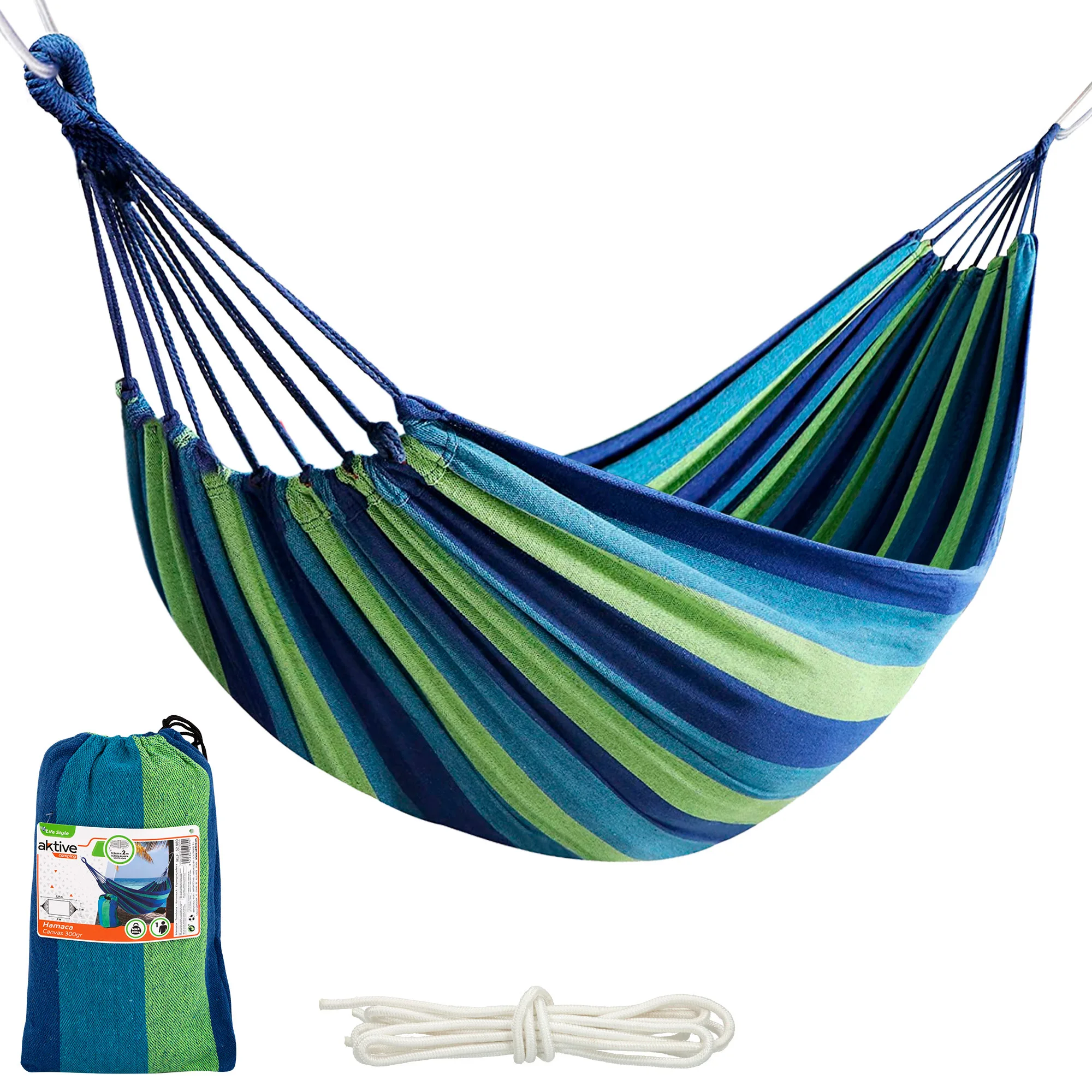Aktive 52989 - Hamaca colgante de algodón para camping y exterior | Hamaca jardín exterior | Medidas 200x100 cm| Hasta 200 kg de capacidad de carga | Con bolsa de transporte CALIDAD DE CONFIANZA
