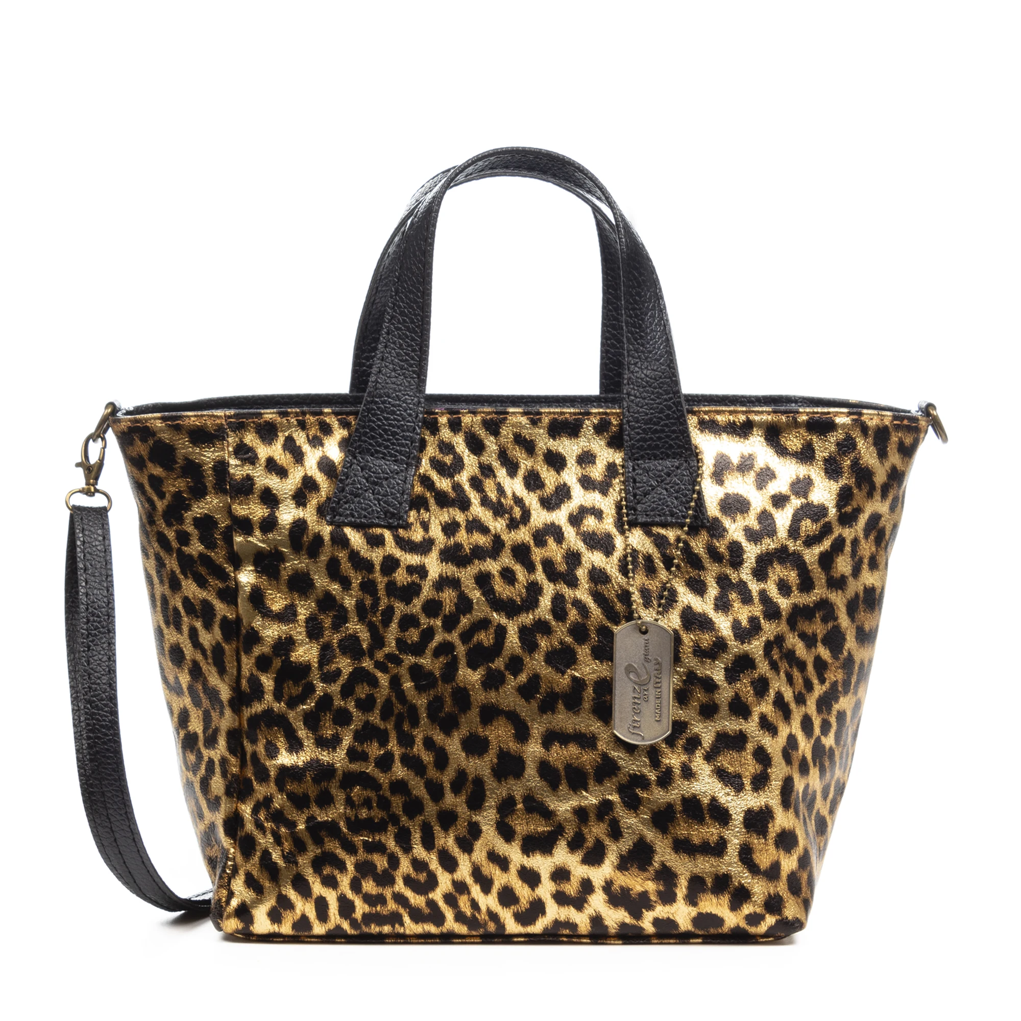 FIRENZE ARTEGIANI Cassandra tote bag woman. Real leather suede, animal print leopard, shiny lacquered. Manufactured in Italy 32x14x23 Cm.