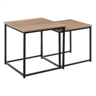 Factory Cuadros - Juego de 2 Mesas Nido Pretoria / Mesas Auxiliares - Cubo de Metal y Madera Natural - Ahorro de Espacio - Estilo Decorativo