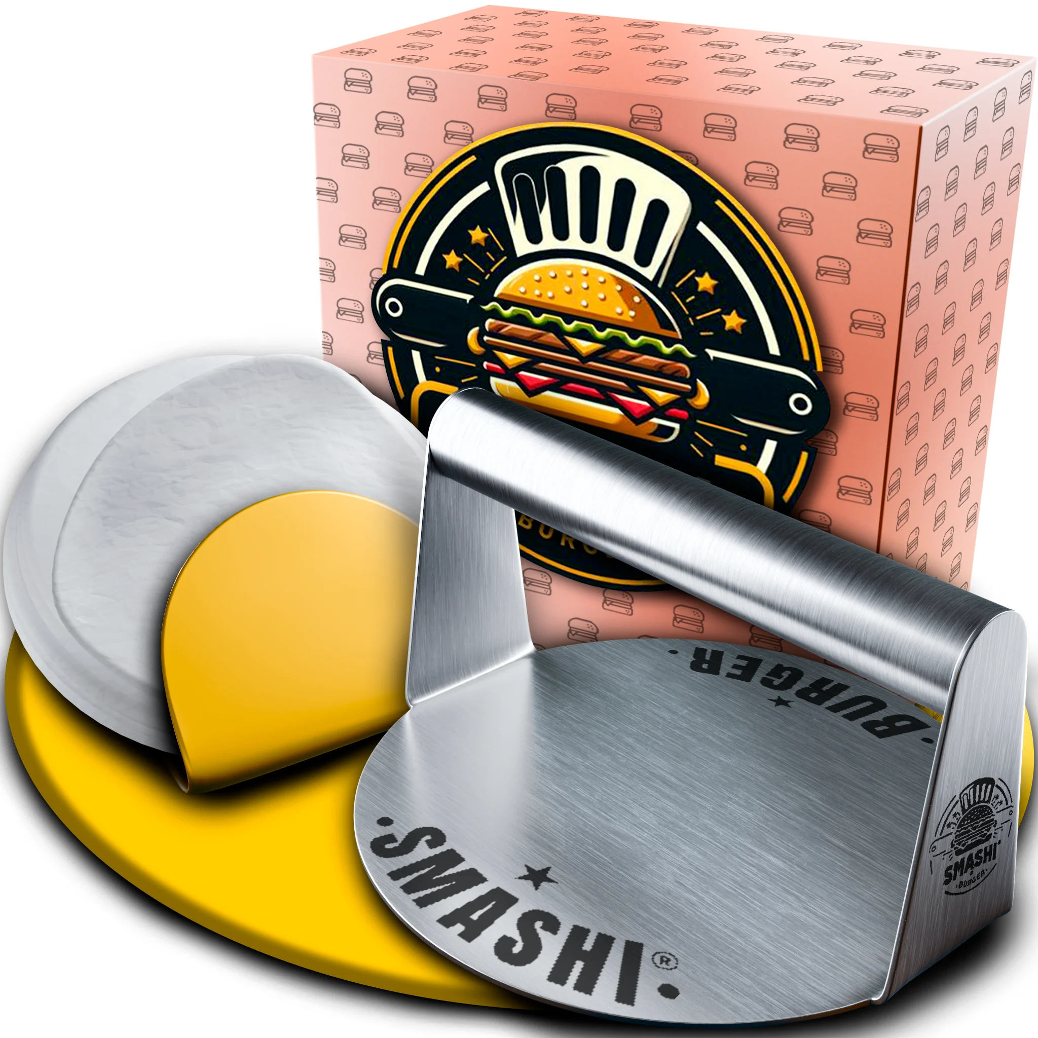 SMASHI® Smasher para Smash Burger en Acero Inoxidable 304 | Prensa de Hamburguesas + 50 Papeles Antiadherentes | Herramienta Profesional para Aplastar Hamburguesas Estilo Smash
