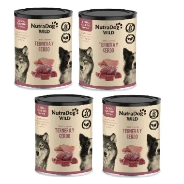 NutraDog WILD Ternera y Cerdo 4 x 400 g | Alimento Húmedo Natural para Perros
