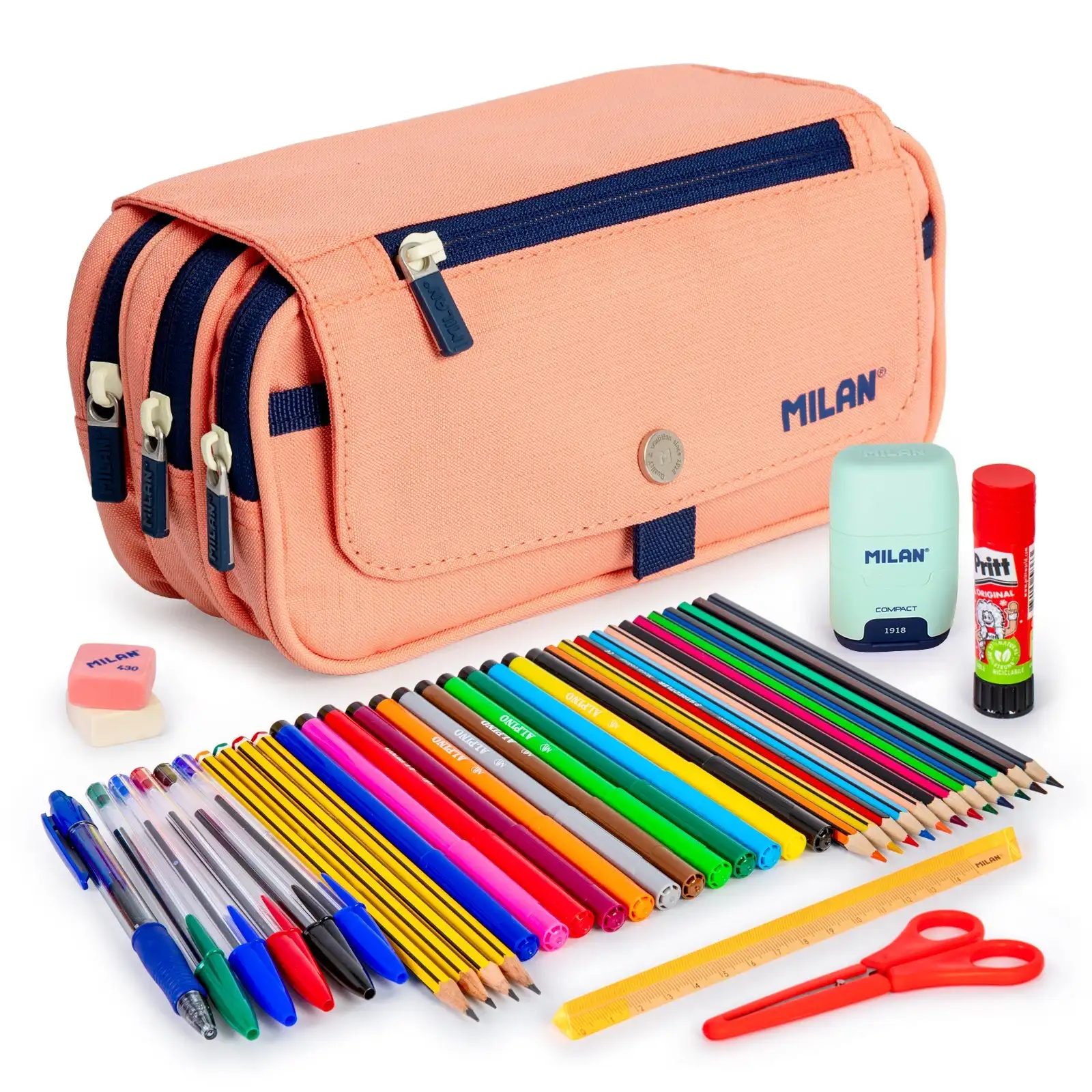 ColePack PRO Milan - Estuche Triple de 3 Cremalleras y Material Escolar Incluido. Rosa 1918