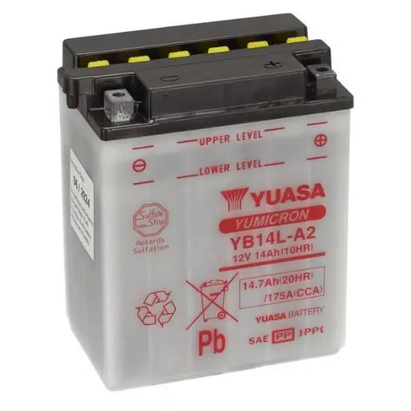 Bateria Moto YUASA YB14L-A2 12V 14.7Ah 175A(EN) Gama YuMicron® Medidas: Longitud	136 mm Anchura	91 mm Altura	168 mm