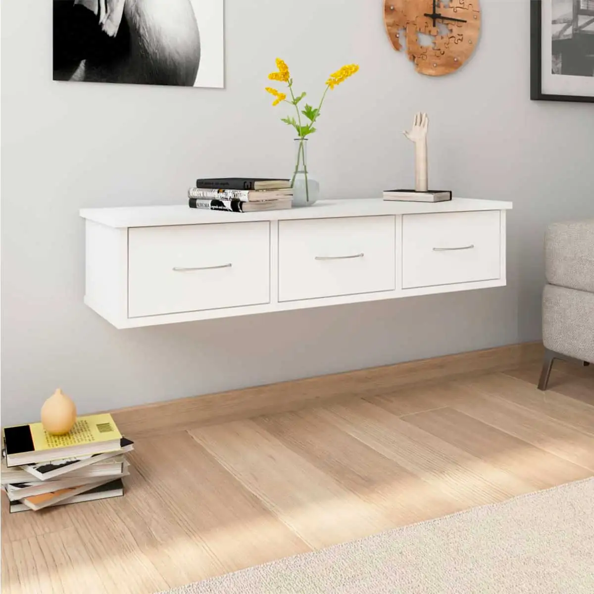 VidaXL wall shelf with 3 drawers White 18,5x88x26 cm