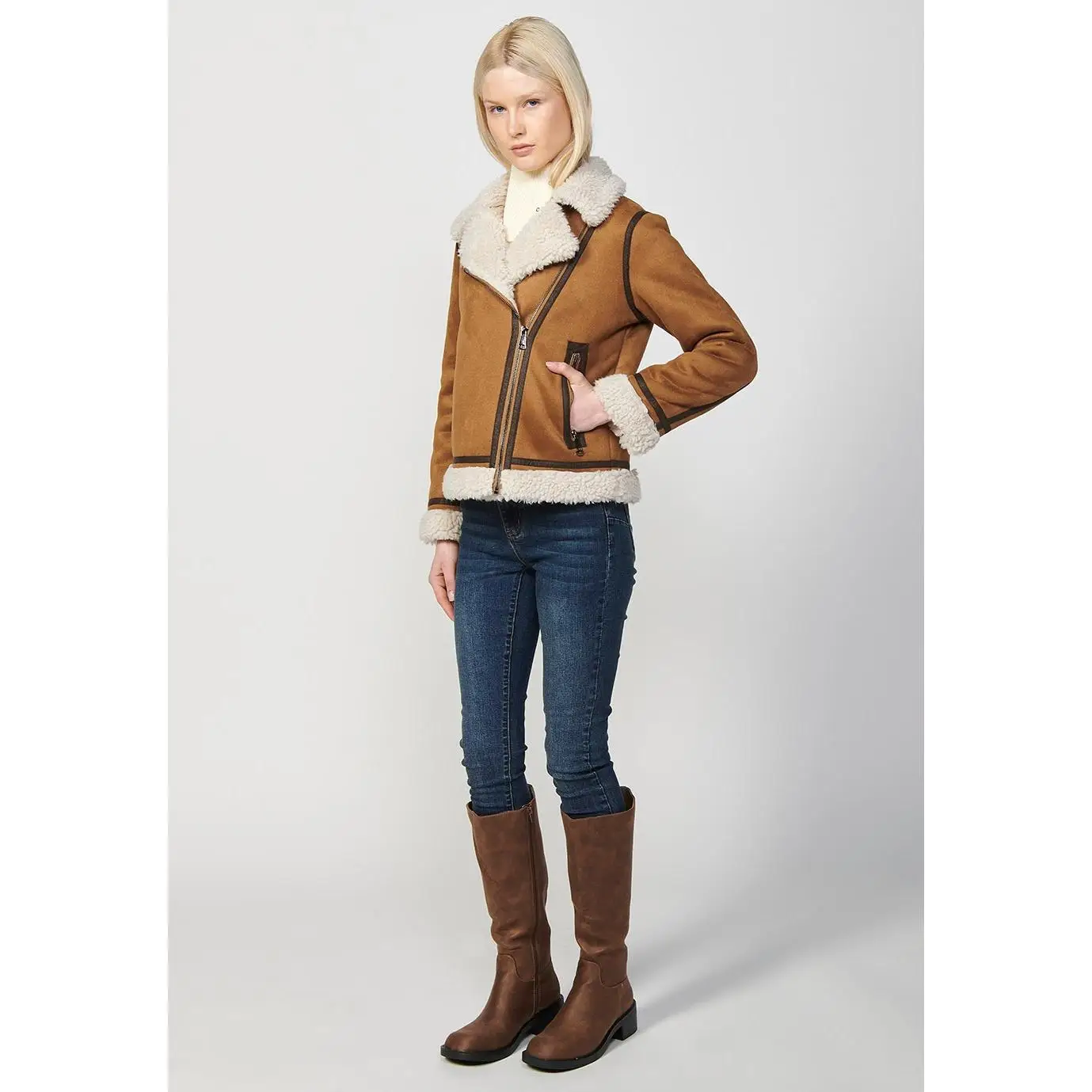 Koroshi jacket with double-sided fabric, outer skin and inner sheepskin for women camel color