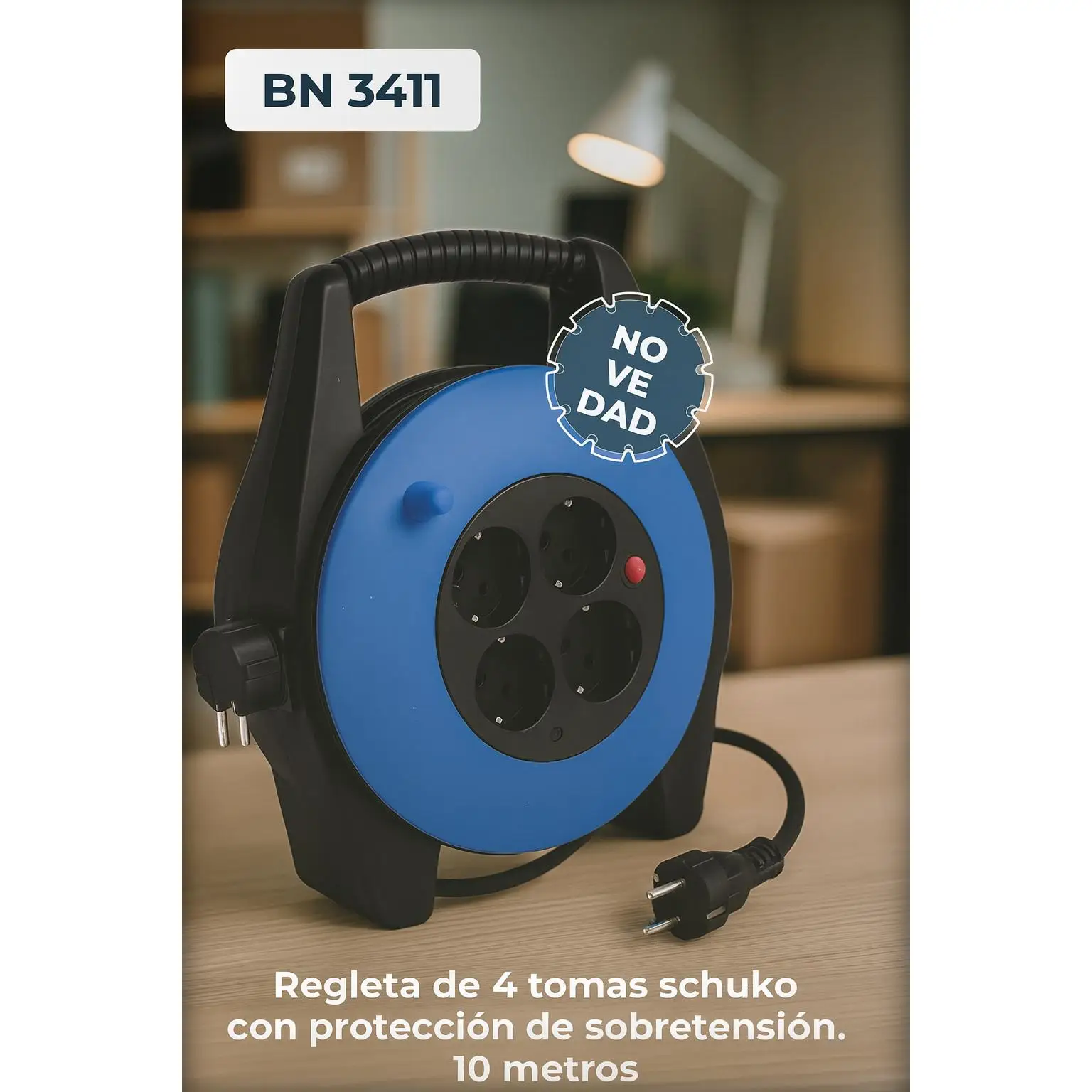 Regleta, 4 tomas Schuko enrollable 10m.