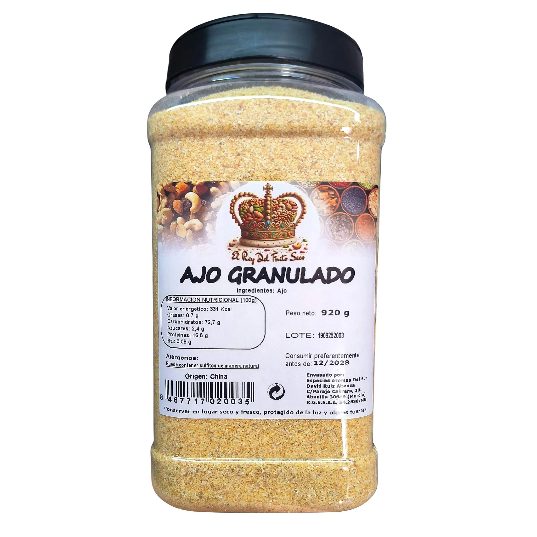 Ajo Granulado 920 g - Ajo en polvo - Aromático condimento para sazonar y realzar tus platos - El Rey del Fruto Seco