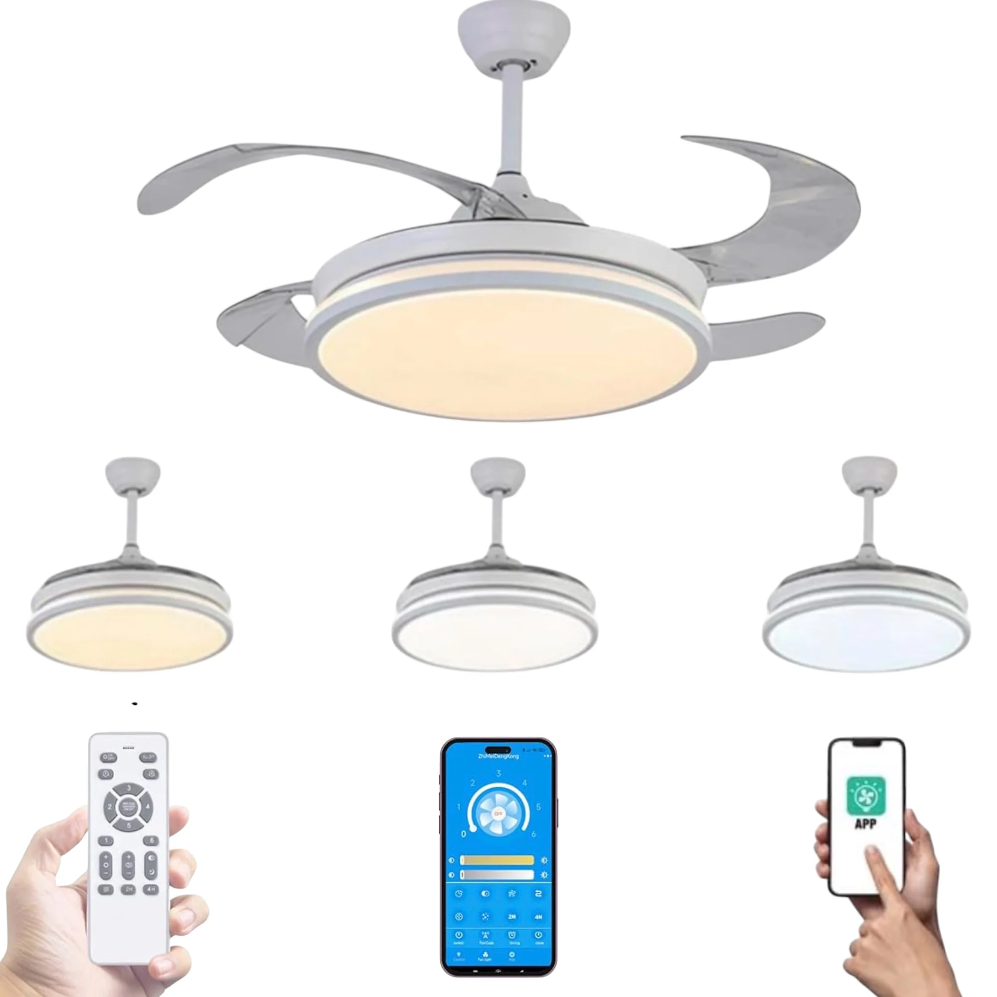 Ceiling fan with led light 36w white in 3 light temperatures with remote control - efficient and silent dc motor, 3 shades, retractable folding blades, 6 speeds, remote control, memory, timer (fan-001 6990 d7)