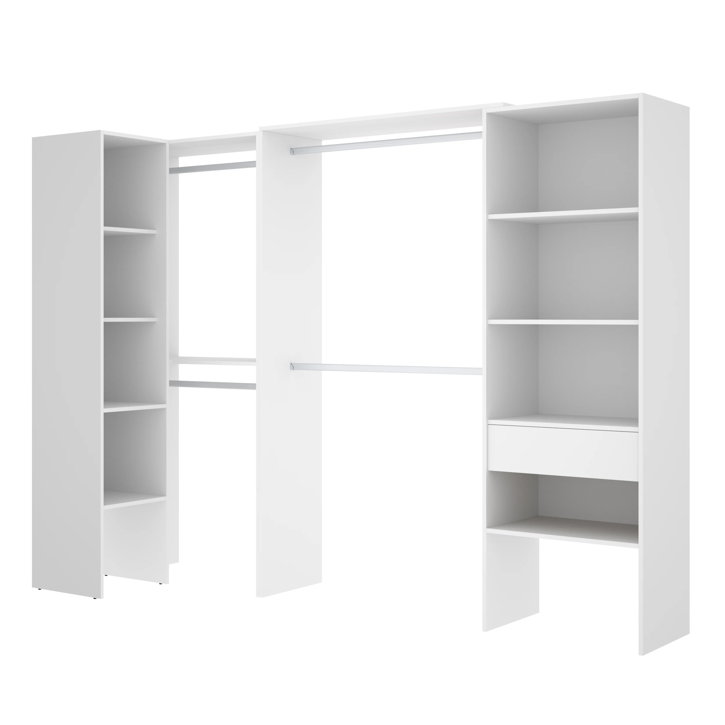 DEKIT - CONJUNTO VESTIDOR RINCONERO CON DOS COLUMNAS Y ZONA DE BARRAS DE COLGAR - 187 x 198/248 x 79,4 cm - BLANCO
