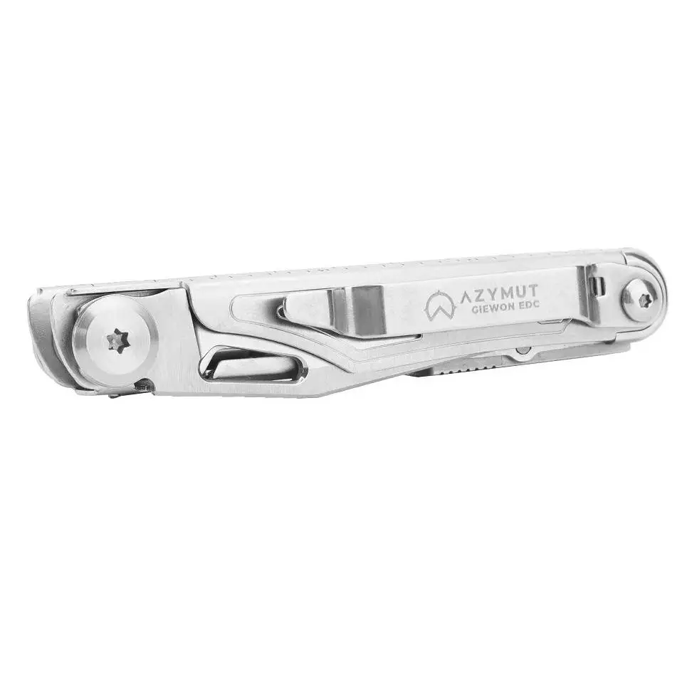 Azymut multitool giewon edc with 8 tools and holster, portable and versatile for outdoor activities, including a pocketknife and carabiner for convenient use.