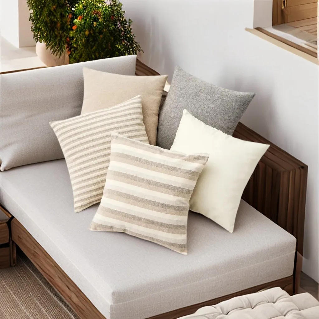 Dcasa set of 5 45x45 cm natural cotton beige striped cushions with padding