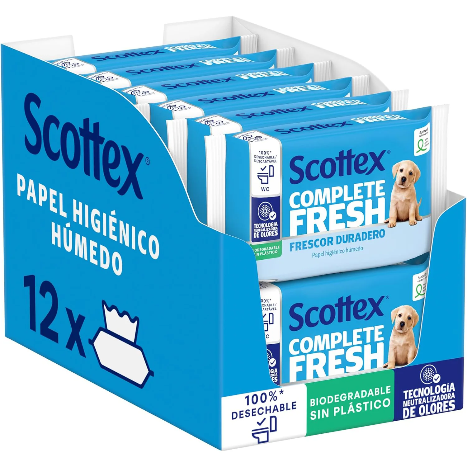 Scottex Papel Higiénico Húmedo Fresh con Agua Micelar y Vitamina E, Biodegradable y Sin Plástico, Caja 12 packs de 38 servicios, Total 456 Toallitas Húmedas Desechables por WC