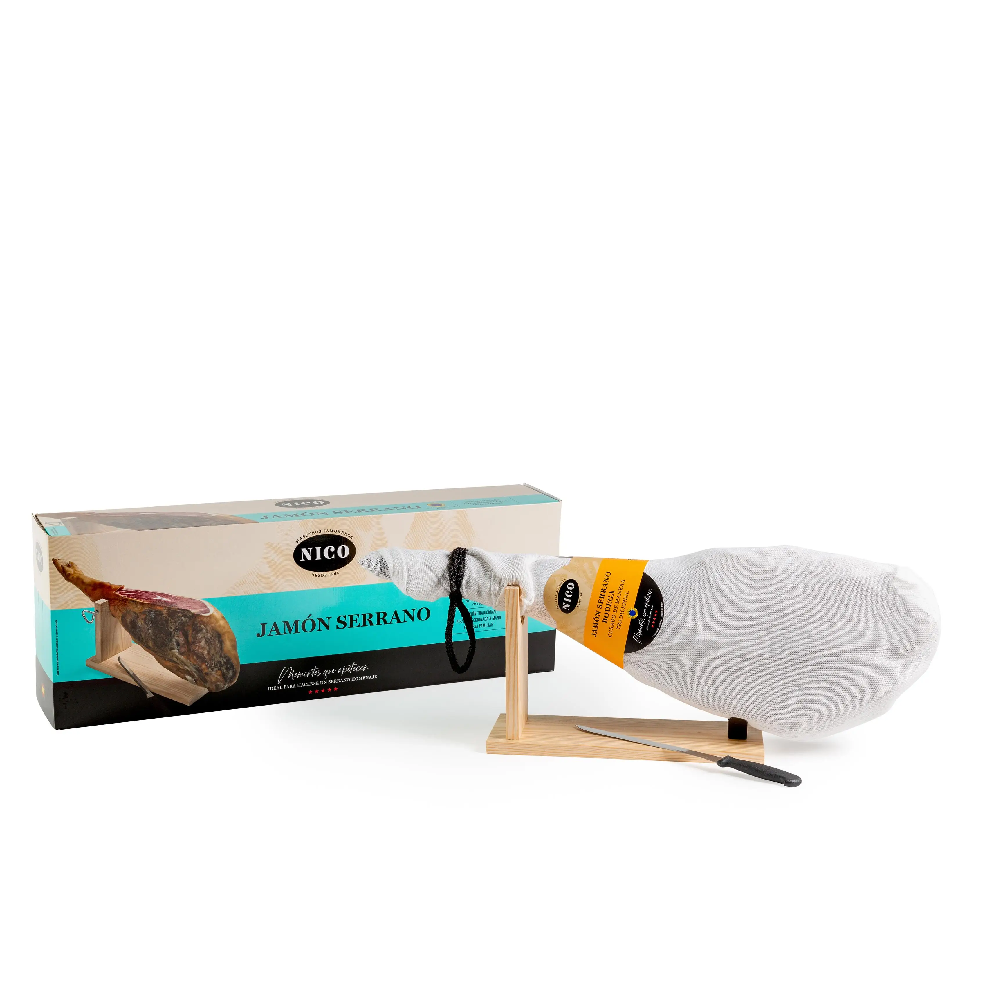 Nico Jamones Jamon Serrano - LOTE Jamon SERRANO BODEGA + JAMONERO + CUCHILLO + CAJA