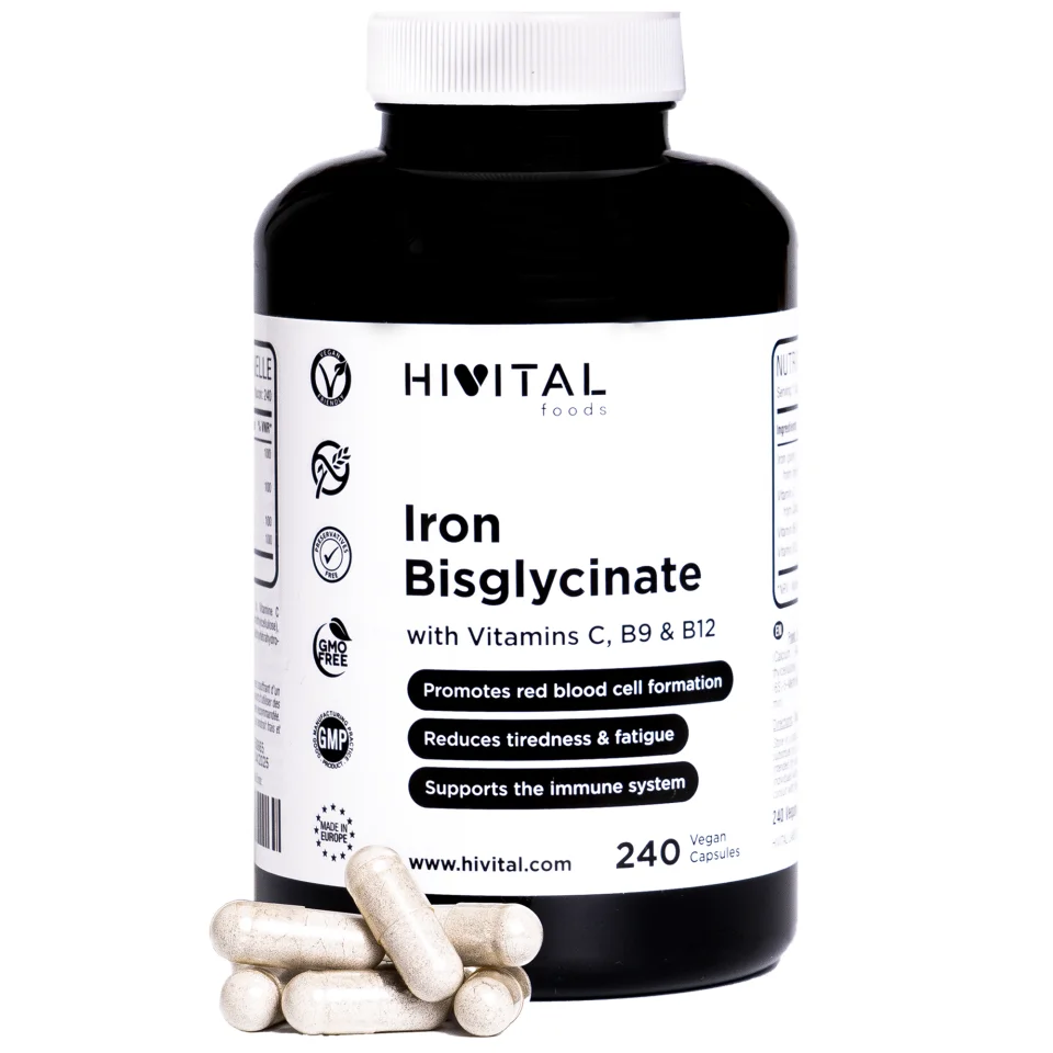 Hierro con Vitaminas C, B12 y Ácido Fólico | 240 cápsulas veganas. Hivital
