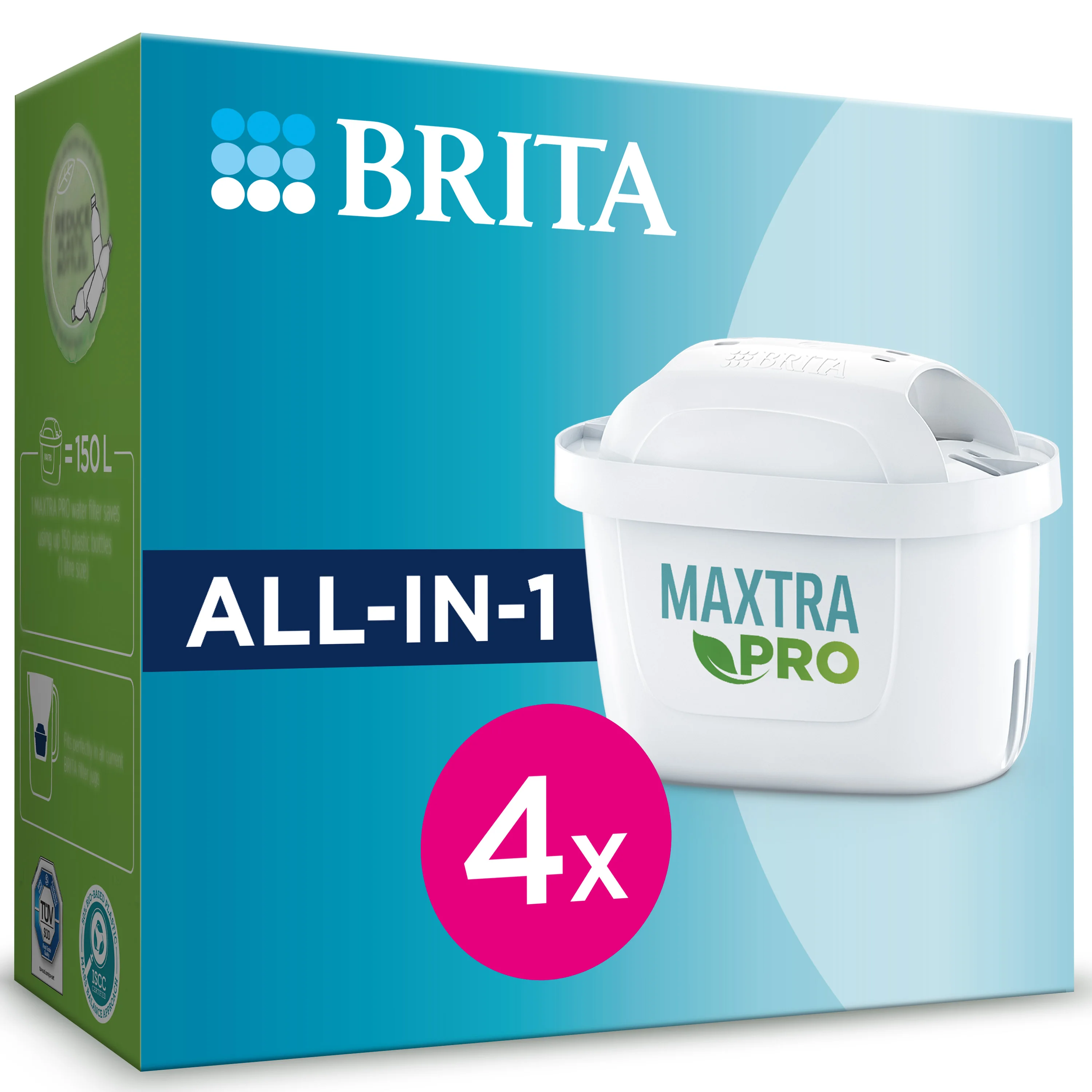 BRITA Filtro MAXTRA PRO All-in-1 | Pack de 4 Unidades | Filtra hasta 150L por filtro | Elimina cal, cloro, metales y contaminantes | Mejora el sabor del agua | Compatible con jarras BRITA MAXTRA | Sin