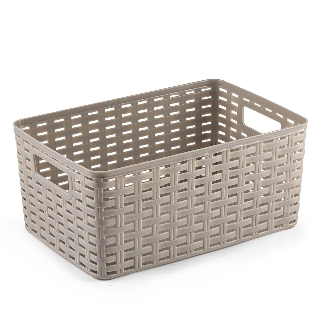 Cesta rattan - Cesta almacenaje multiuso- Cesta o cajas organizadoras de plástico rectangular para almacenar de 5 Litros 6Litros 10Litros 12Litros, Caja de almacenamiento estilo mimbre con asas apilables, cestas para ropa, cocina, armario, oficina, baño.