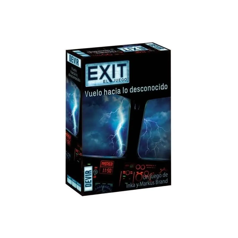 Exit: Flight into the Unknown, Spanish board game, adventure mystery for 1-4 players, escape room theme with difficulty level 2, perfect for family and friends game nights.