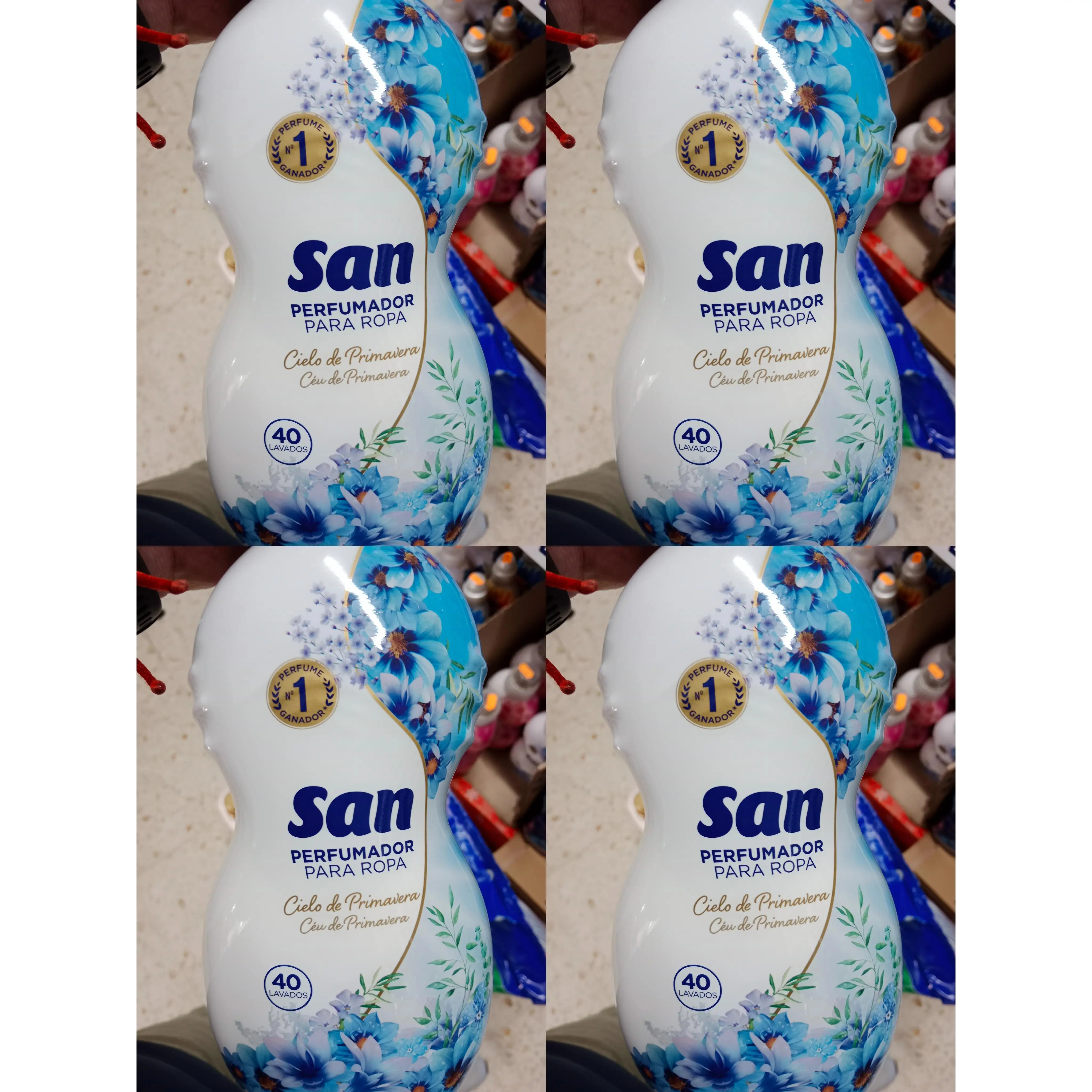 Perfumador para Lavadora Cielo de Primavera 40 Lavados 800ml (Pack de 4) - Fragancia Duradera con Olor Azul Floral y Brisa Suave - Marca SAN