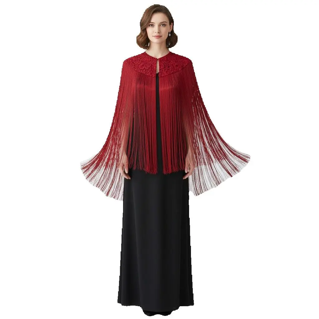 Elegante capa/mantón rojo encaje con los flecos súper largo