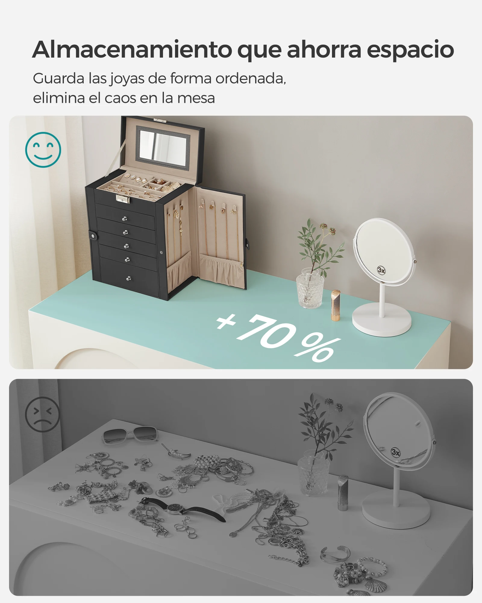 Songmics 6 tier jewelry box, jewelry box with 5 drawers, large space, interior with mirror, lock, jewelry storage, gift for loved ones, for watches, black/white/gray, christmas gift