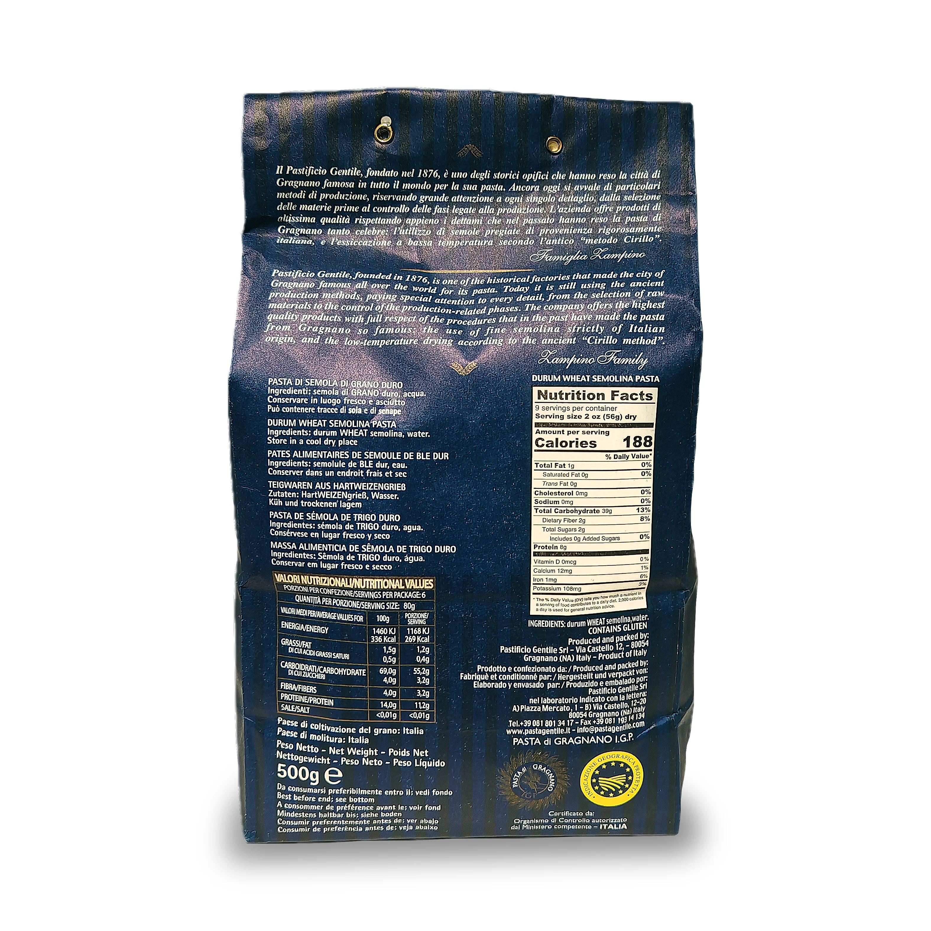 Pennette rigate. Gentile italian semolina paste (pack of 2 units of 500g)