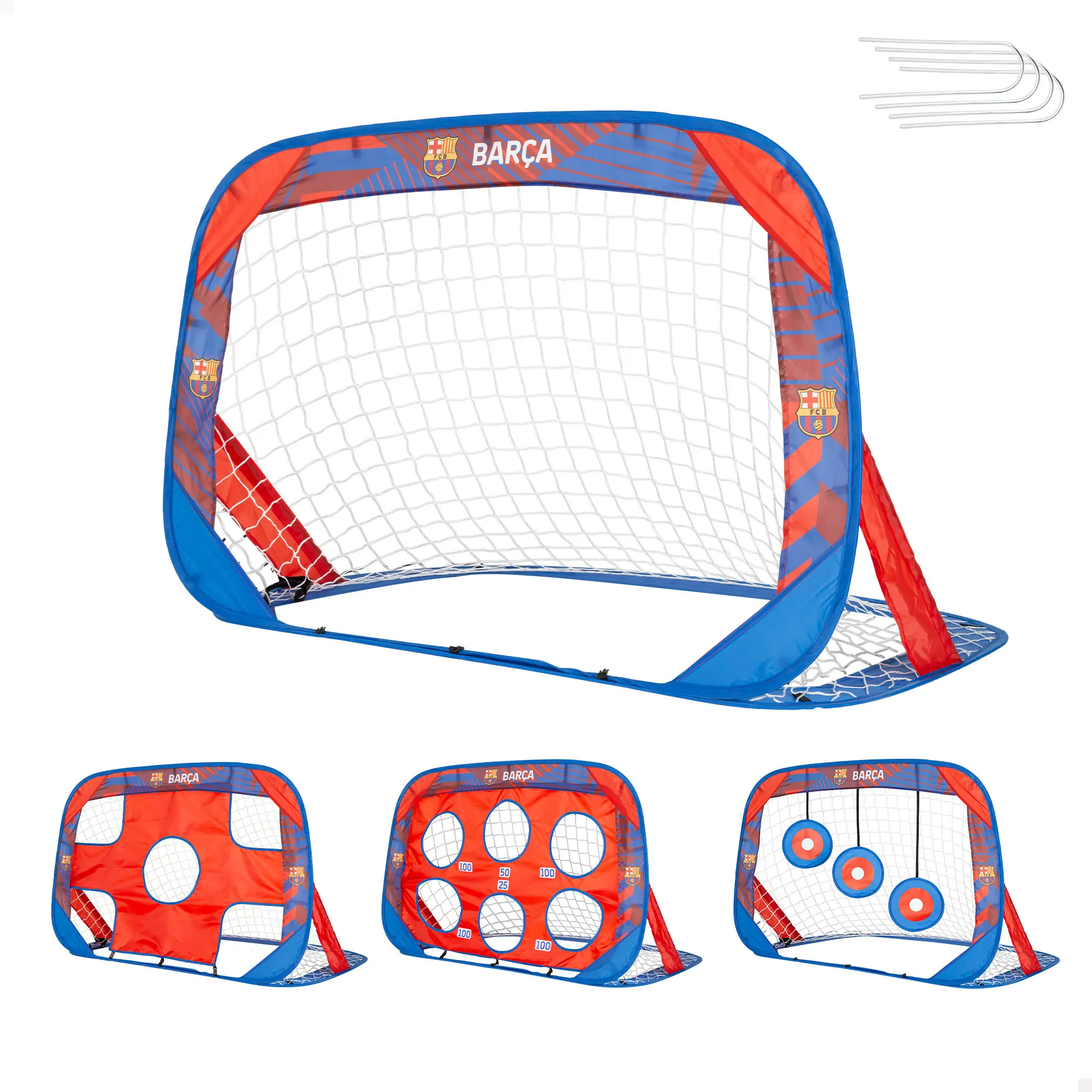 FC Barcelona portería fútbol infantil pop-up, 4 en 1 con dianas, tamaño 120x80x80 cm, incluye bolsa de transporte, ideal para practicar puntería, jardín o parque, desde 3 años