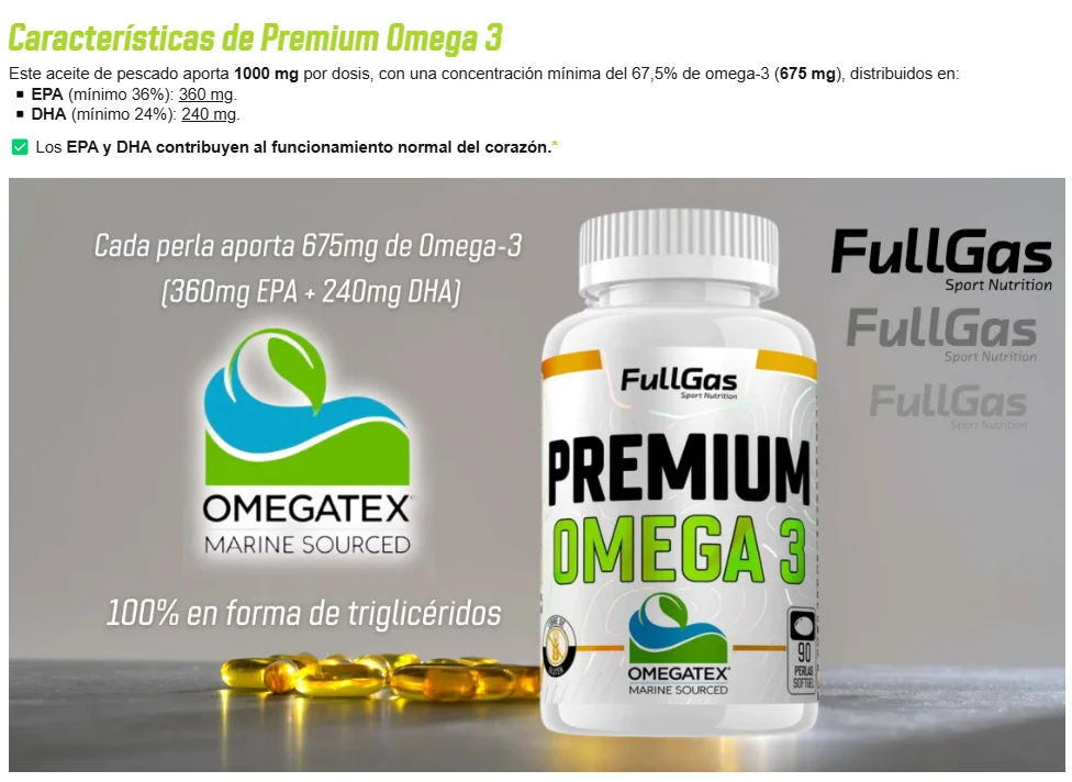 Fullgas - premium omega 3 - omega-3 with omegatex raw material ® Tg36/24. 360 mg epa and 240 mg dha per pearl in natural triglycerides for maximum absorption. Free of heavy metals. With antioxidant vitamin e. Without gluten. #2