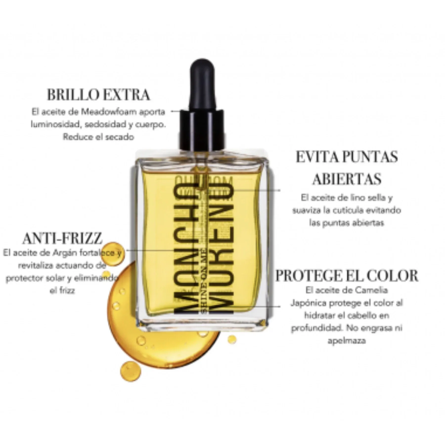 Moncho Moreno Shine On Me 50ml Dry Oil for Ends, enriched with argan and camellia oils, provides deep hydration, reduces frizz, and protects with Vitamin E; suitable for all hair types and ideal for use on wet or dry hair. #2