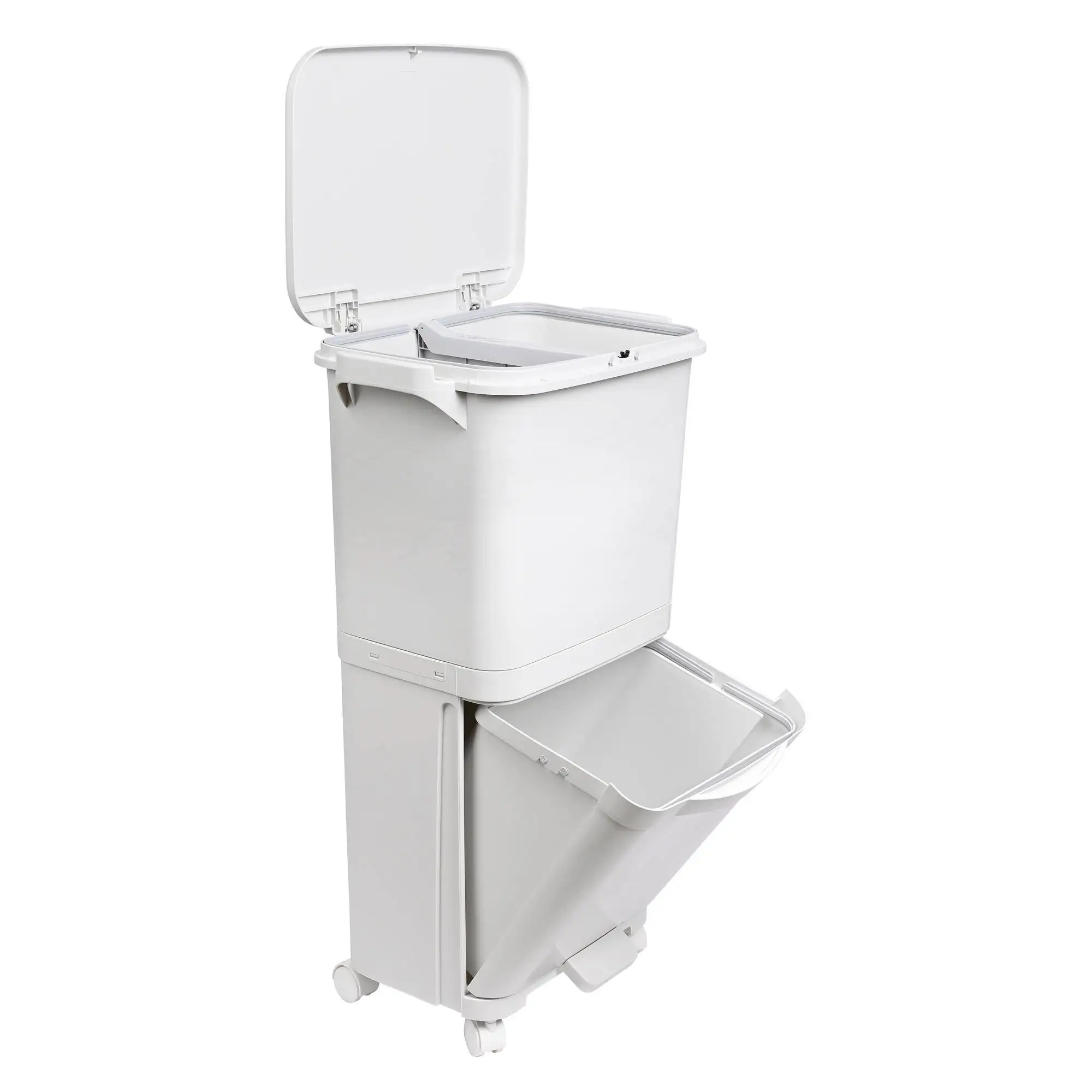 Wellhome recycling trash can with pedal, 38L double compartment (24L + 14L), durable plastic, equipped with wheels and handle for easy mobility, ideal for efficient waste separation and management in home or office spaces.