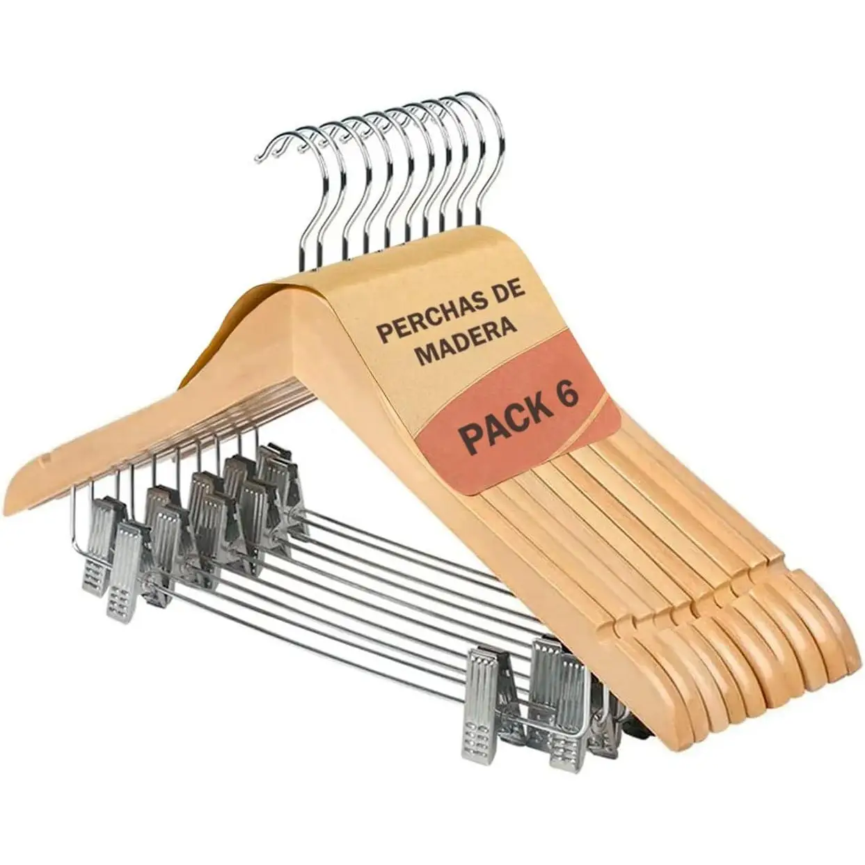 Percha de madera con Pinzas - PACK 6U/12U/24U para elegir Ideal para Pantalones y faldas, con Muescas para Tirantes y Gancho de Acero TOP calidad de confianza