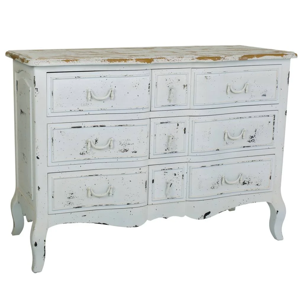 WANDERLUST DECO Comoda de Madera de Abeto Blanco Envejecido con 9 Cajones - Estilo Romántico
