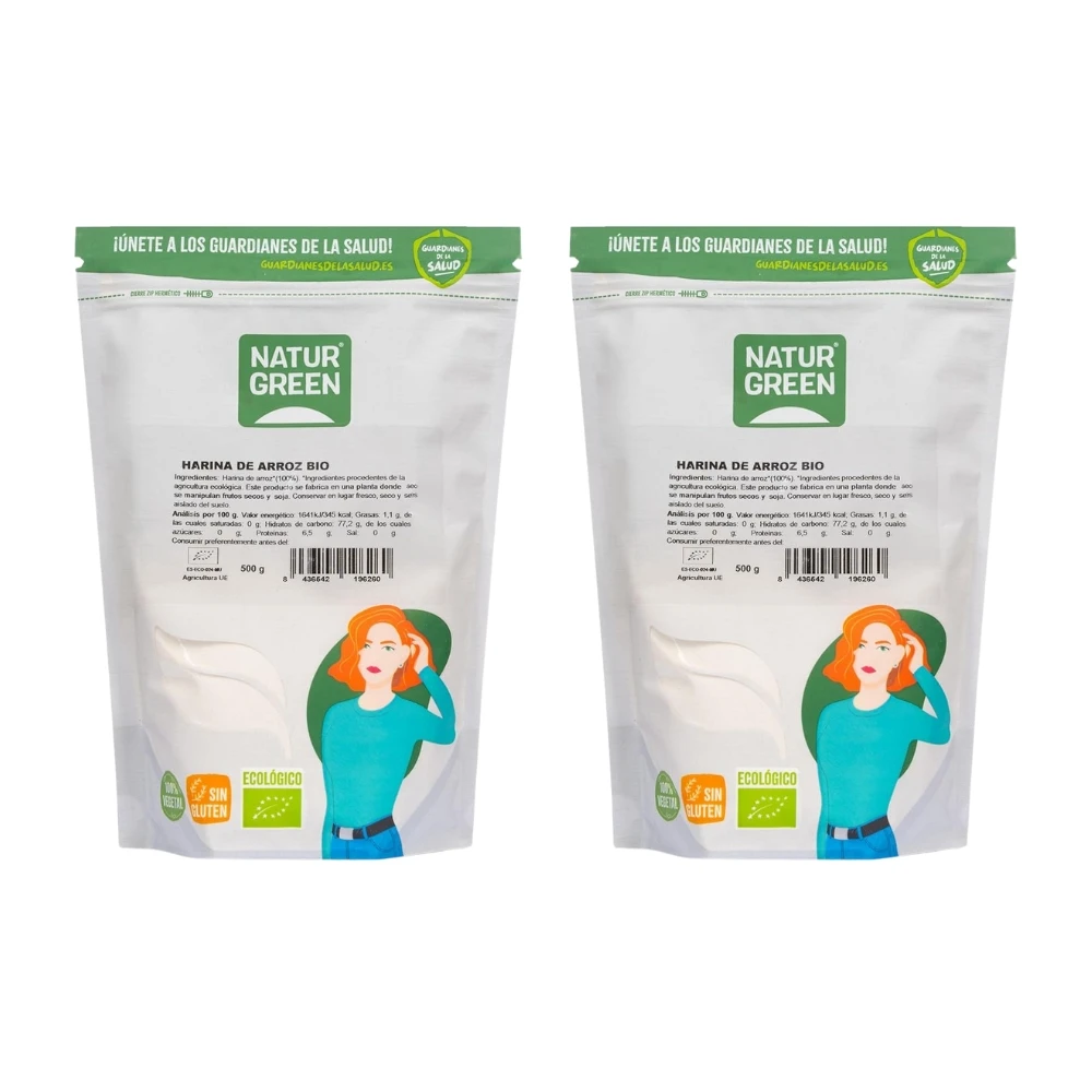 Harina de Arroz Bio Sin Gluten | 500g | Pack de 2x | Sin gluten, suave y fácil de digerir | NATURGREEN